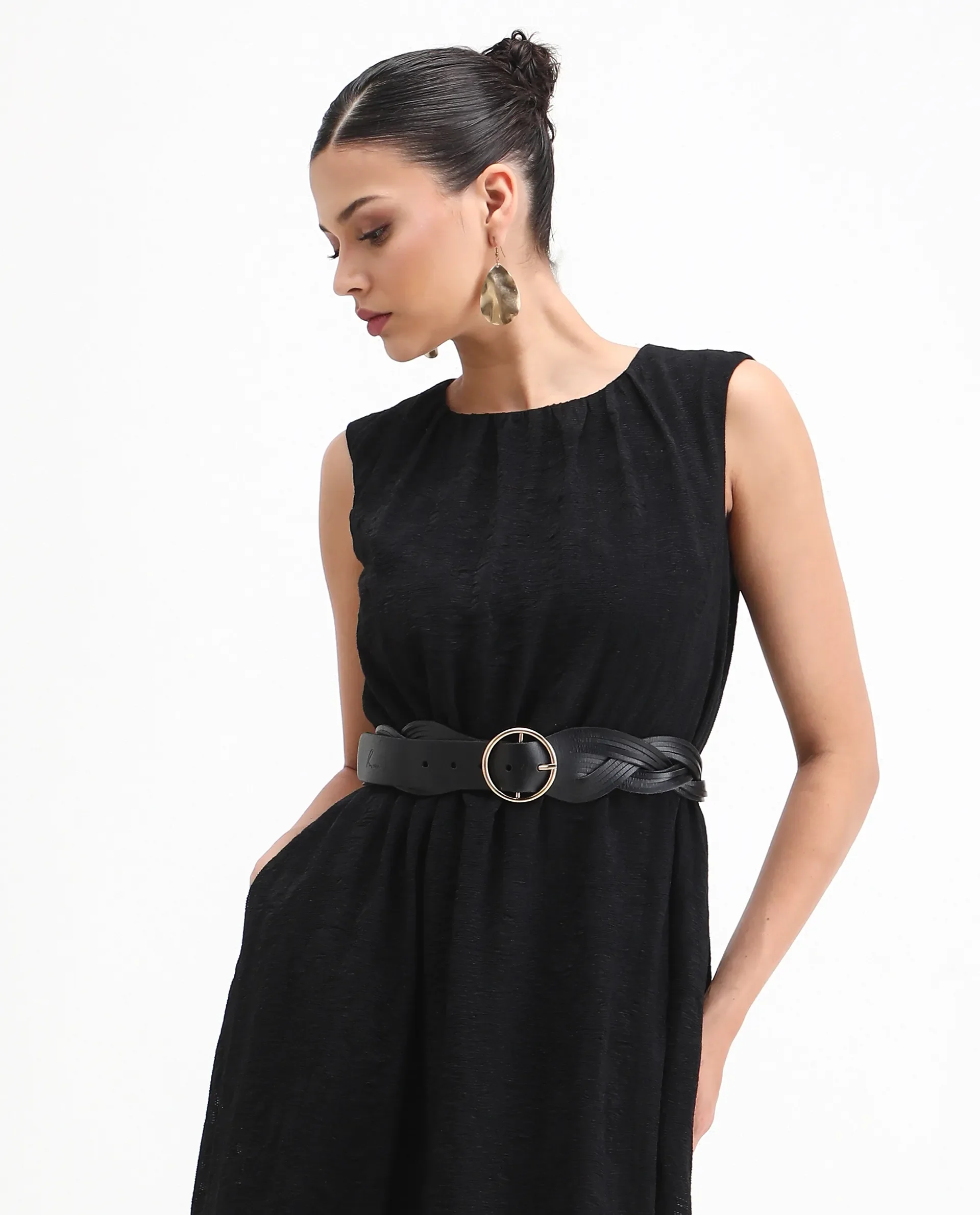 Rareism Women's Juten Black Nylon Blend Sleeveless Crew Neck Flared Fit Plain Dress - Image 3