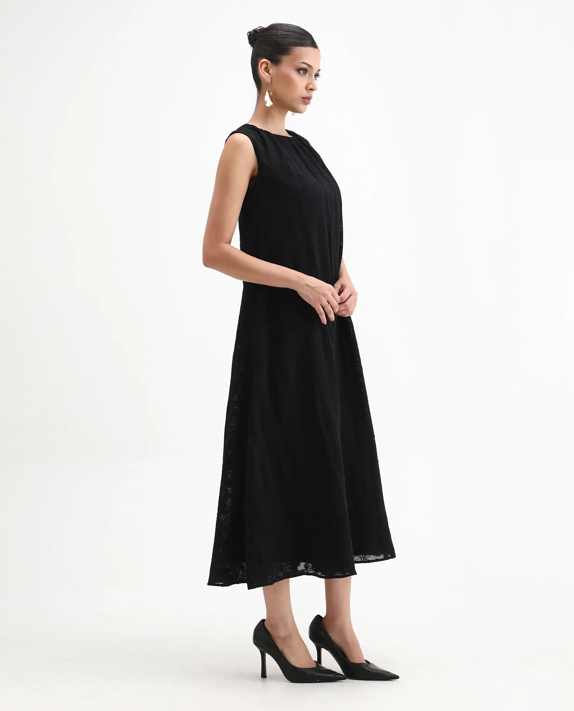 Rareism Women's Juten Black Nylon Blend Sleeveless Crew Neck Flared Fit Plain Dress - Image 4