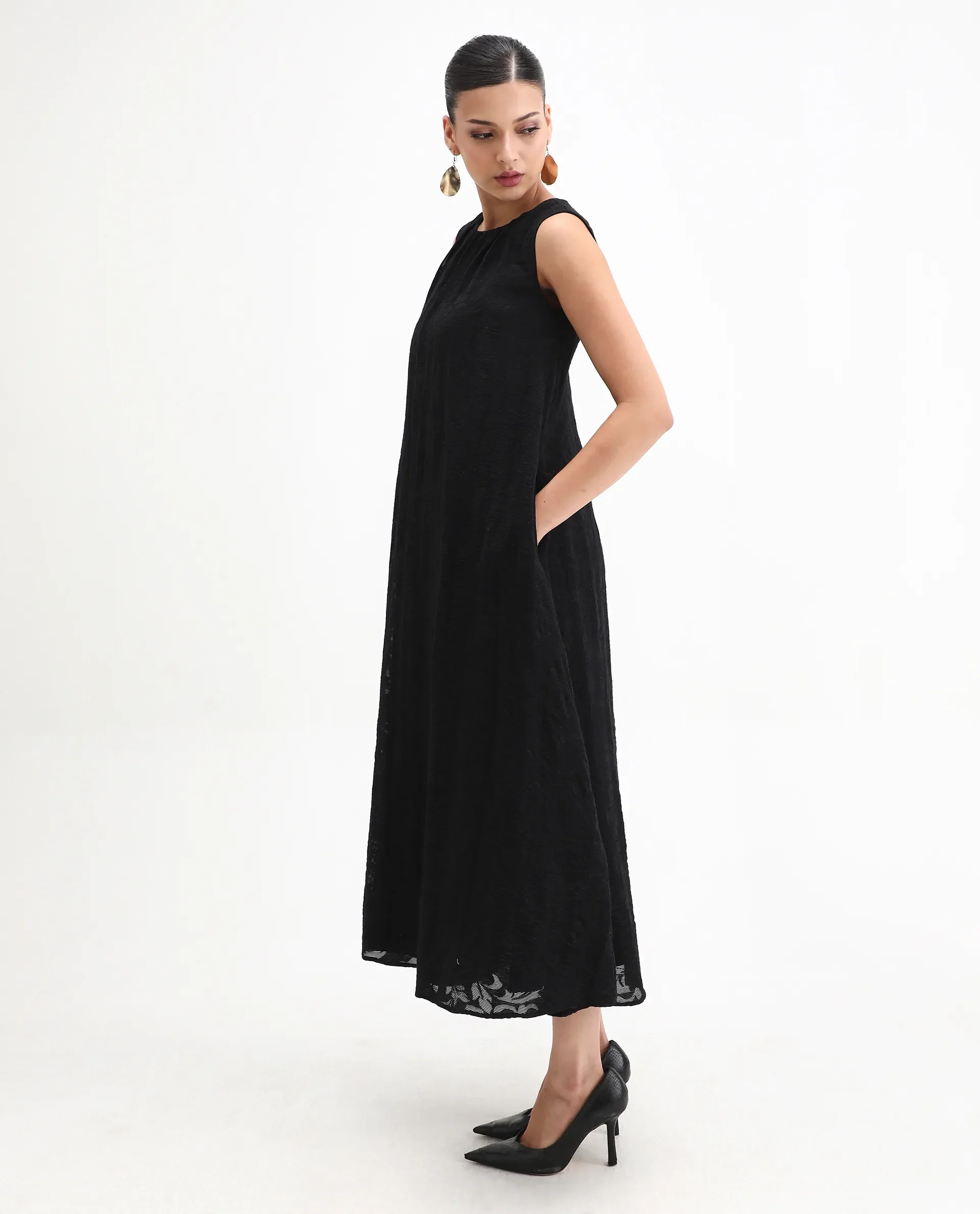 Rareism Women's Juten Black Nylon Blend Sleeveless Crew Neck Flared Fit Plain Dress - Image 6