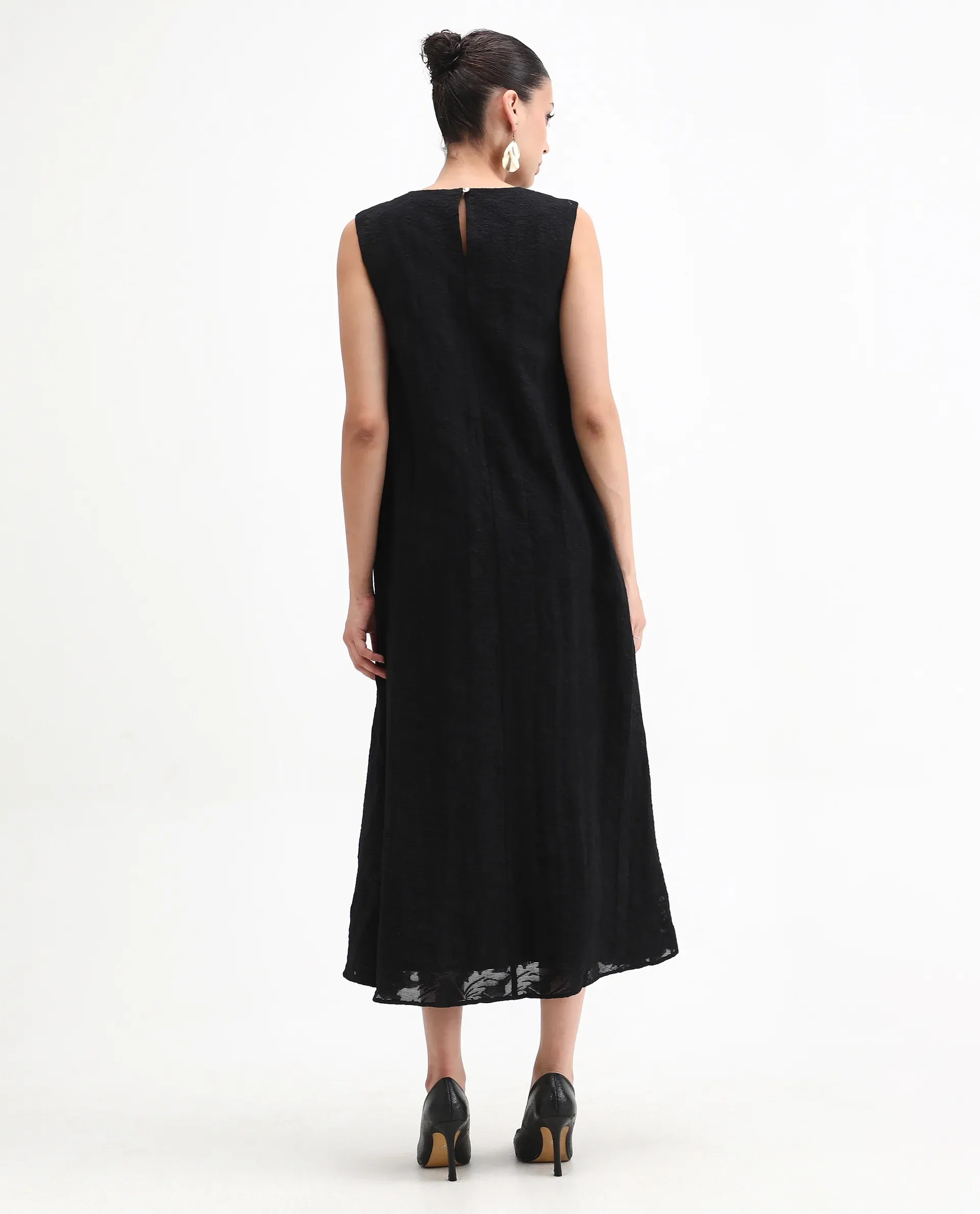 Rareism Women's Juten Black Nylon Blend Sleeveless Crew Neck Flared Fit Plain Dress - Image 7