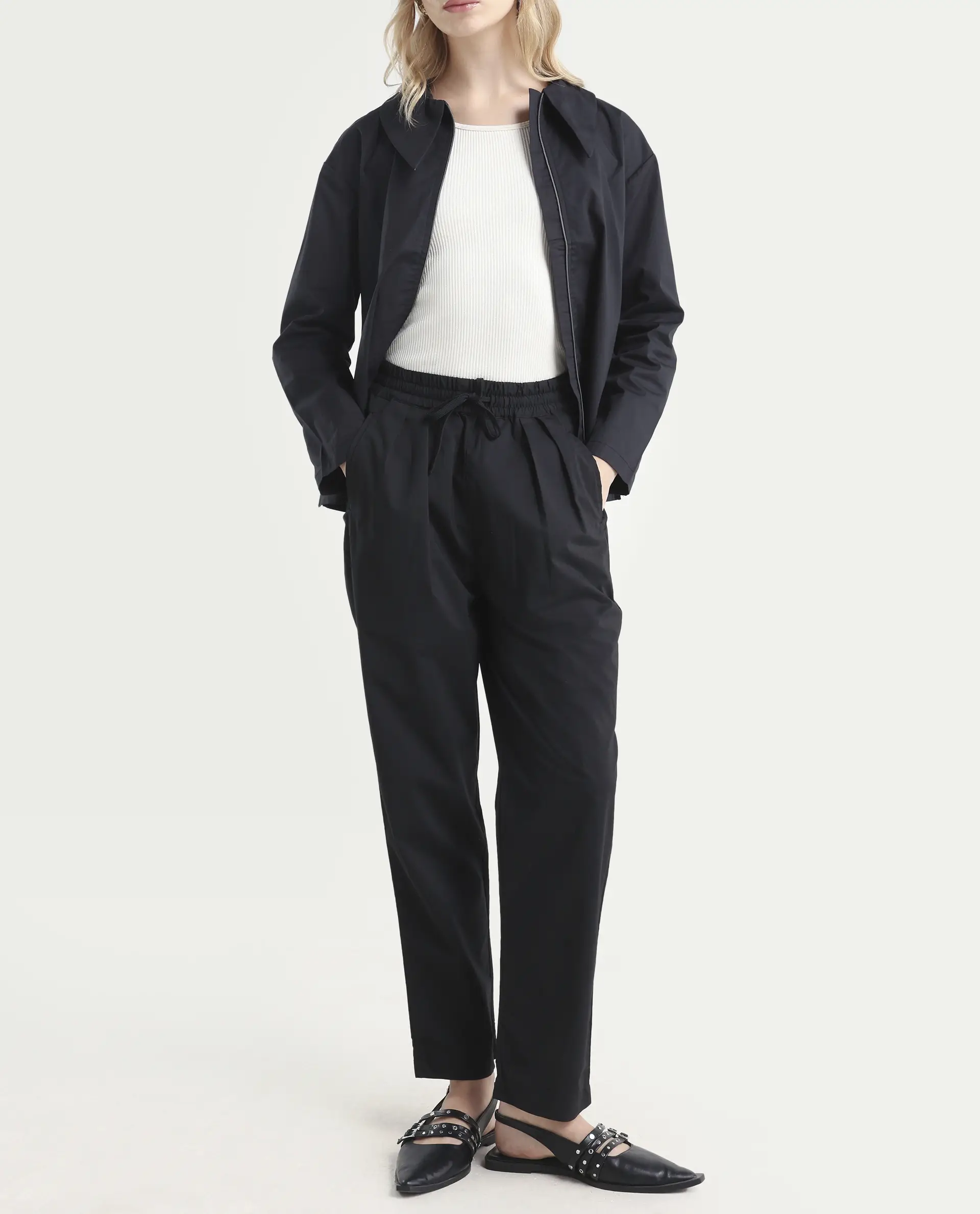 Rareism Women's Juven Black Polyester Blend Plain Ankle Length Tapered Trouser