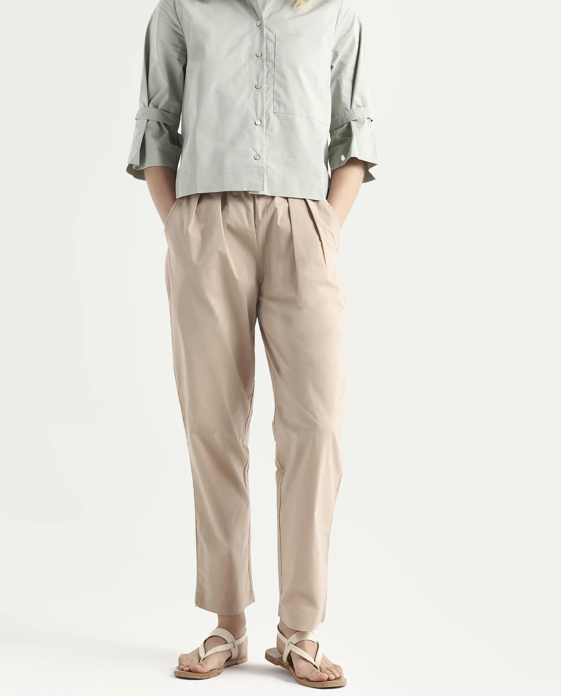 Rareism Women's Juven Beige Polyester Blend Plain Ankle Length Tapered Trouser - Image 2