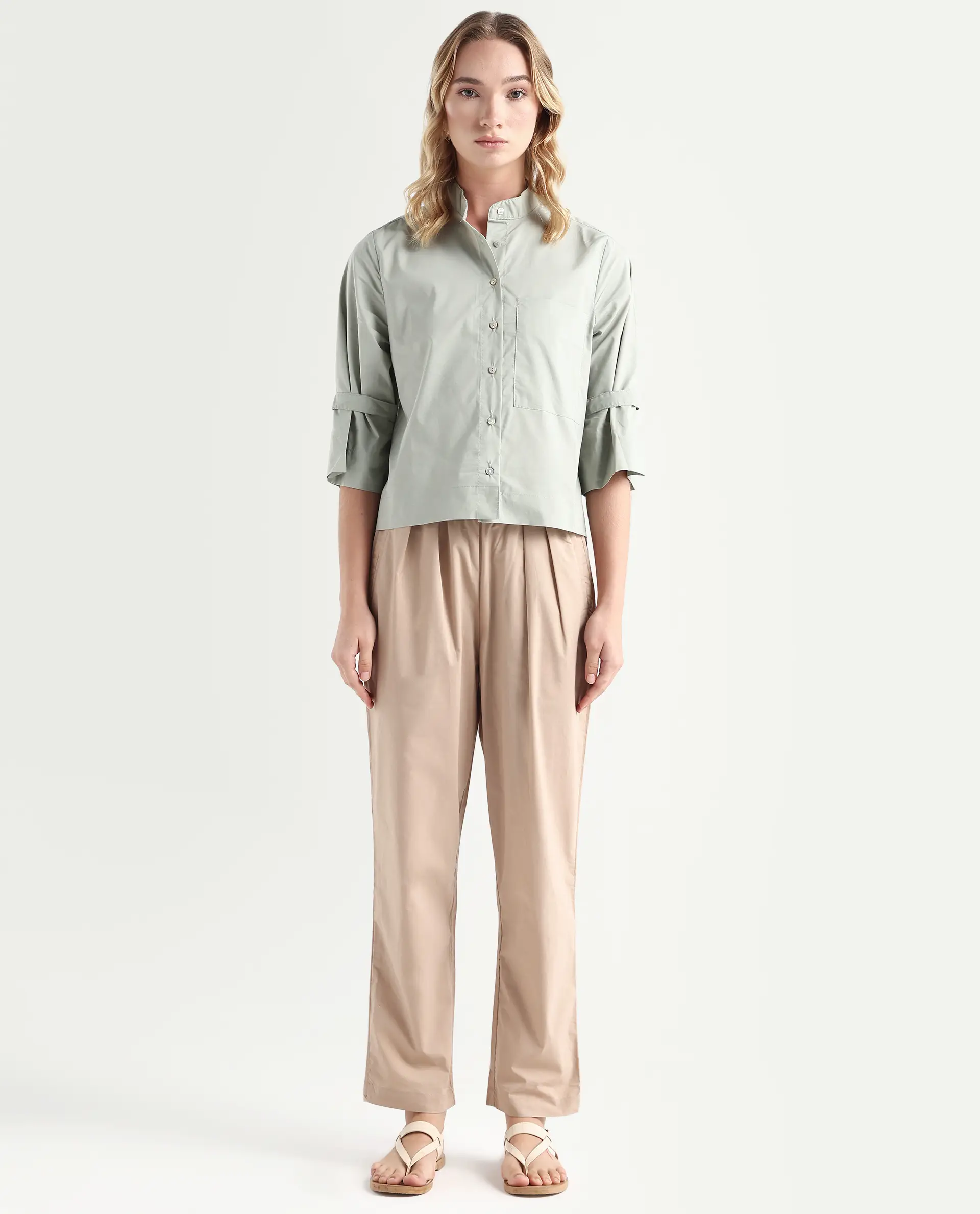 Rareism Women's Juven Beige Polyester Blend Plain Ankle Length Tapered Trouser - Image 3