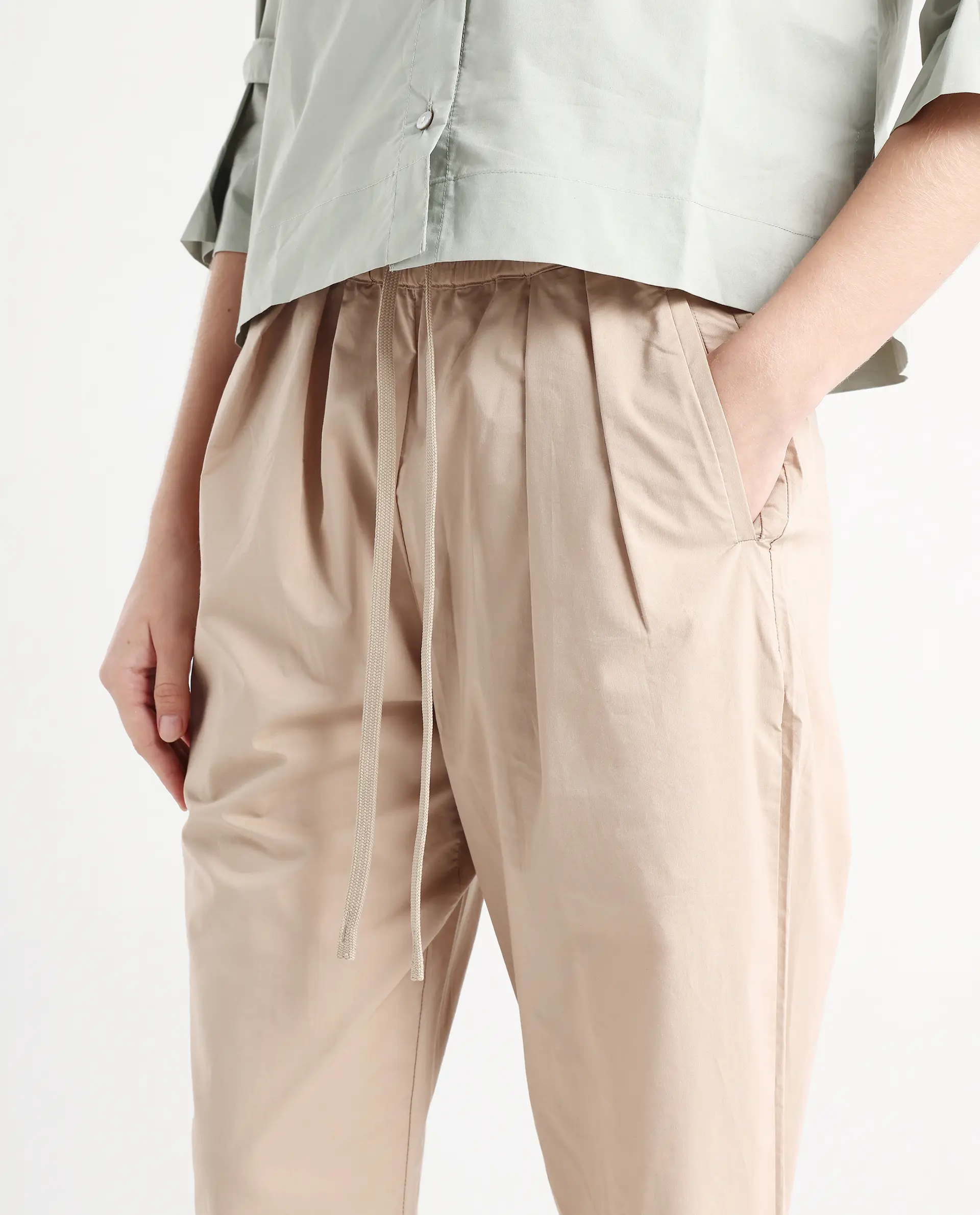 Rareism Women's Juven Beige Polyester Blend Plain Ankle Length Tapered Trouser - Image 4