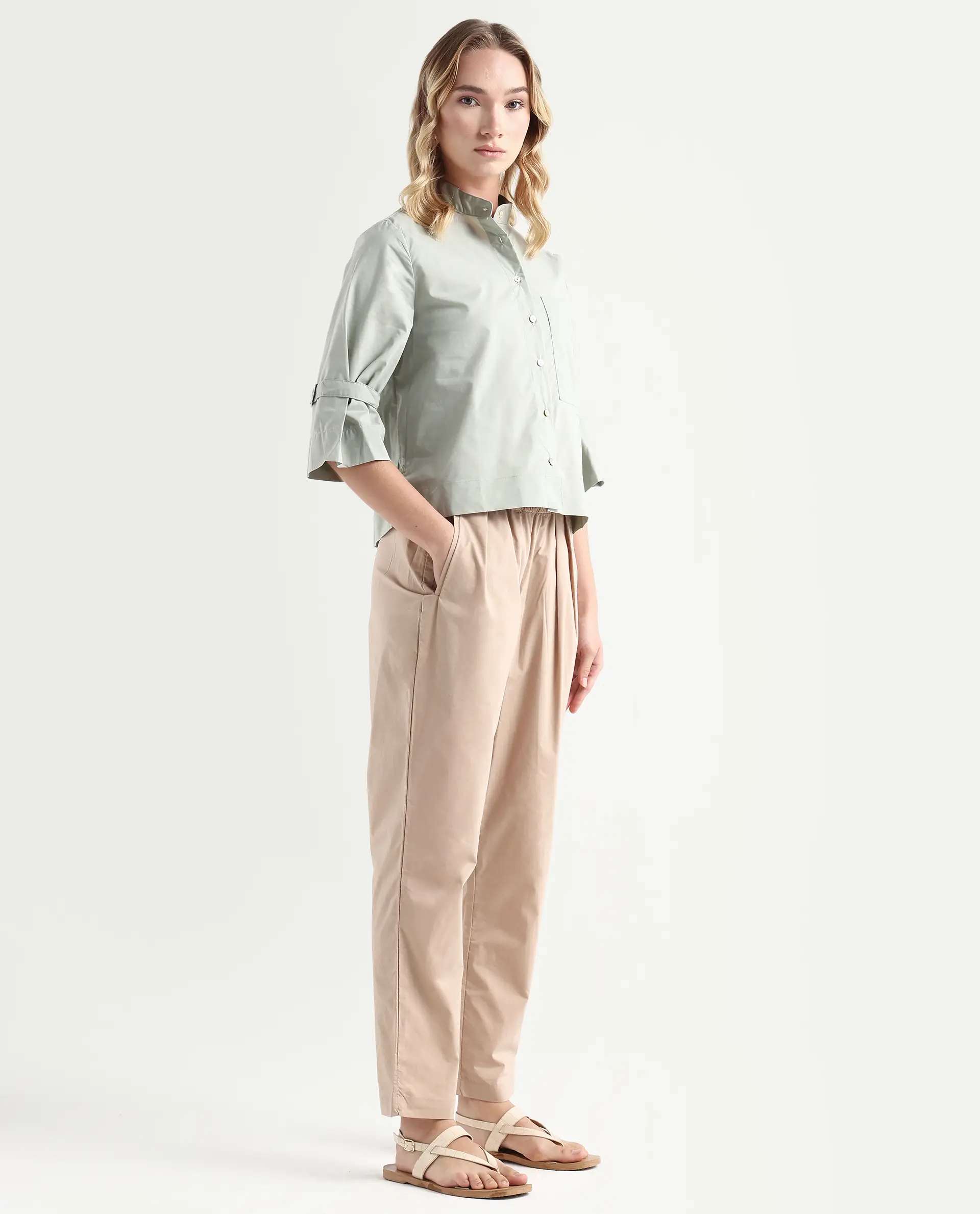 Rareism Women's Juven Beige Polyester Blend Plain Ankle Length Tapered Trouser - Image 6