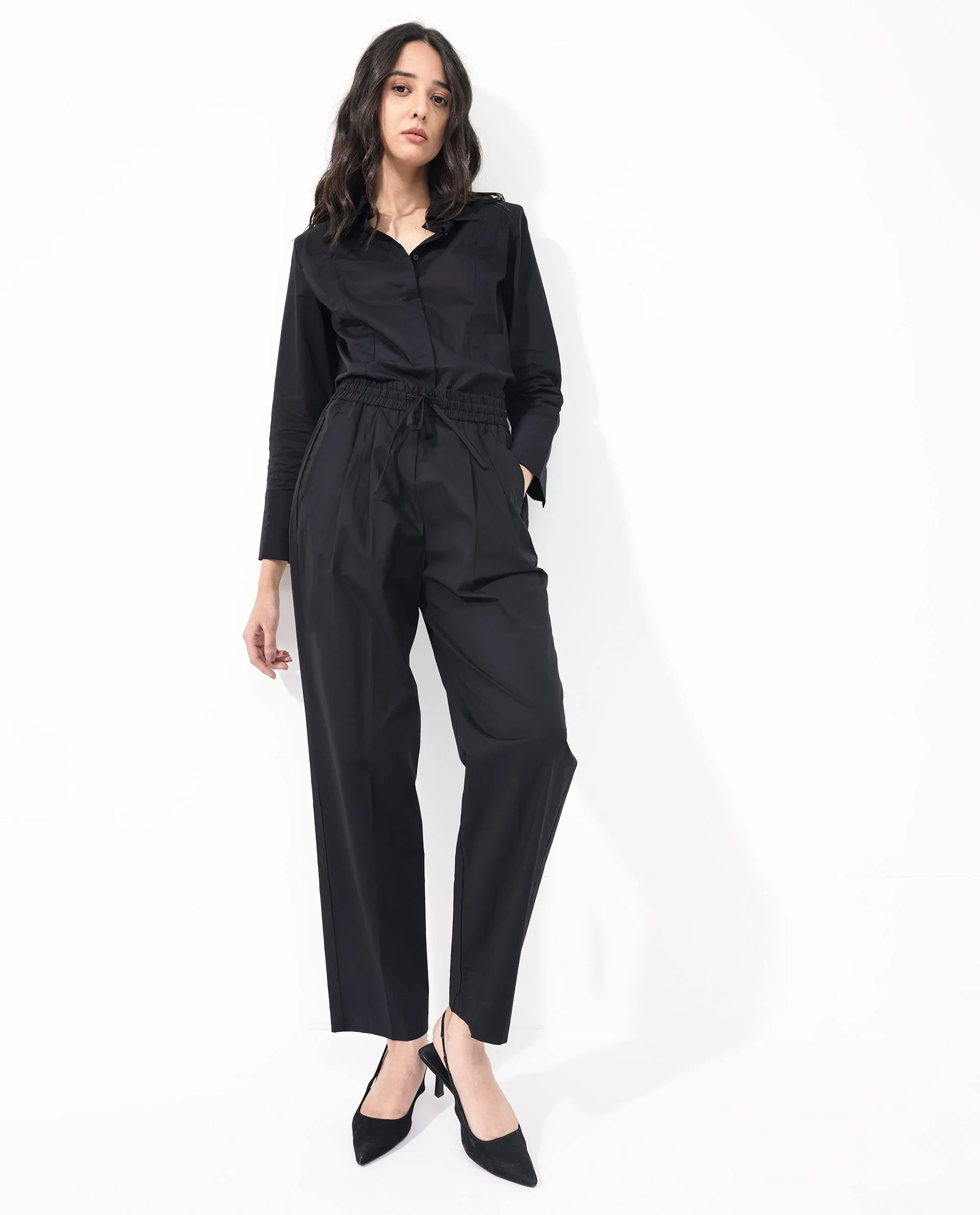 Rareism Women's Juven Black Cotton Plain Ankle Length Tapered Trouser
