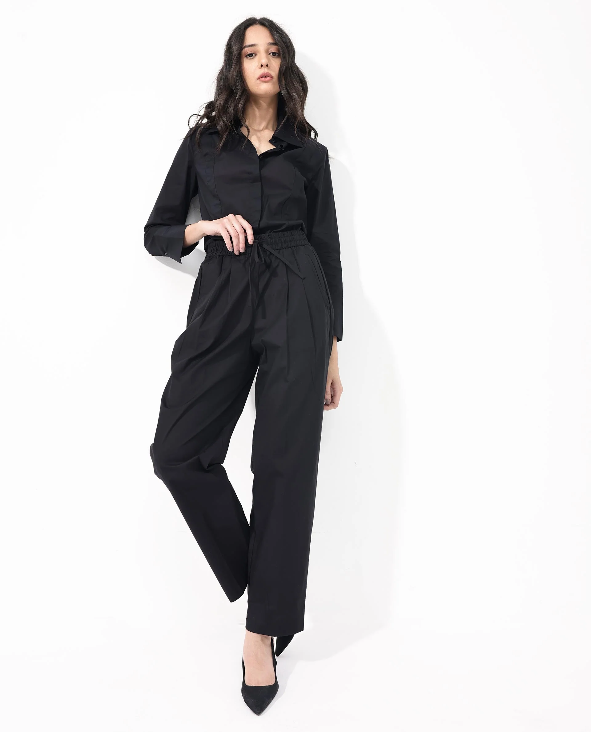Rareism Women's Juven Black Cotton Plain Ankle Length Tapered Trouser - Image 6