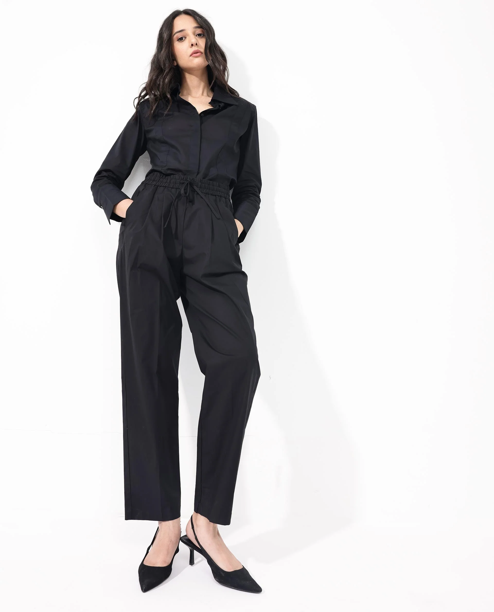 Rareism Women's Juven Black Cotton Plain Ankle Length Tapered Trouser - Image 7