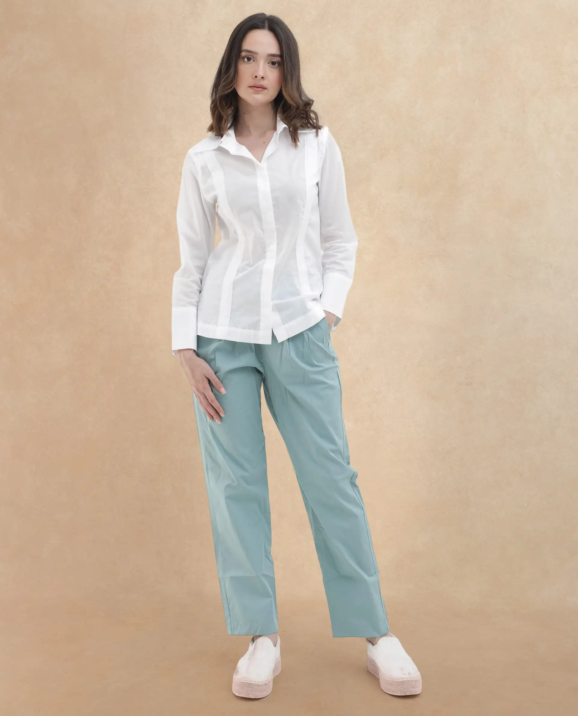Rareism Women's Juven Dark Blue Cotton Plain Ankle Length Tapered Trouser