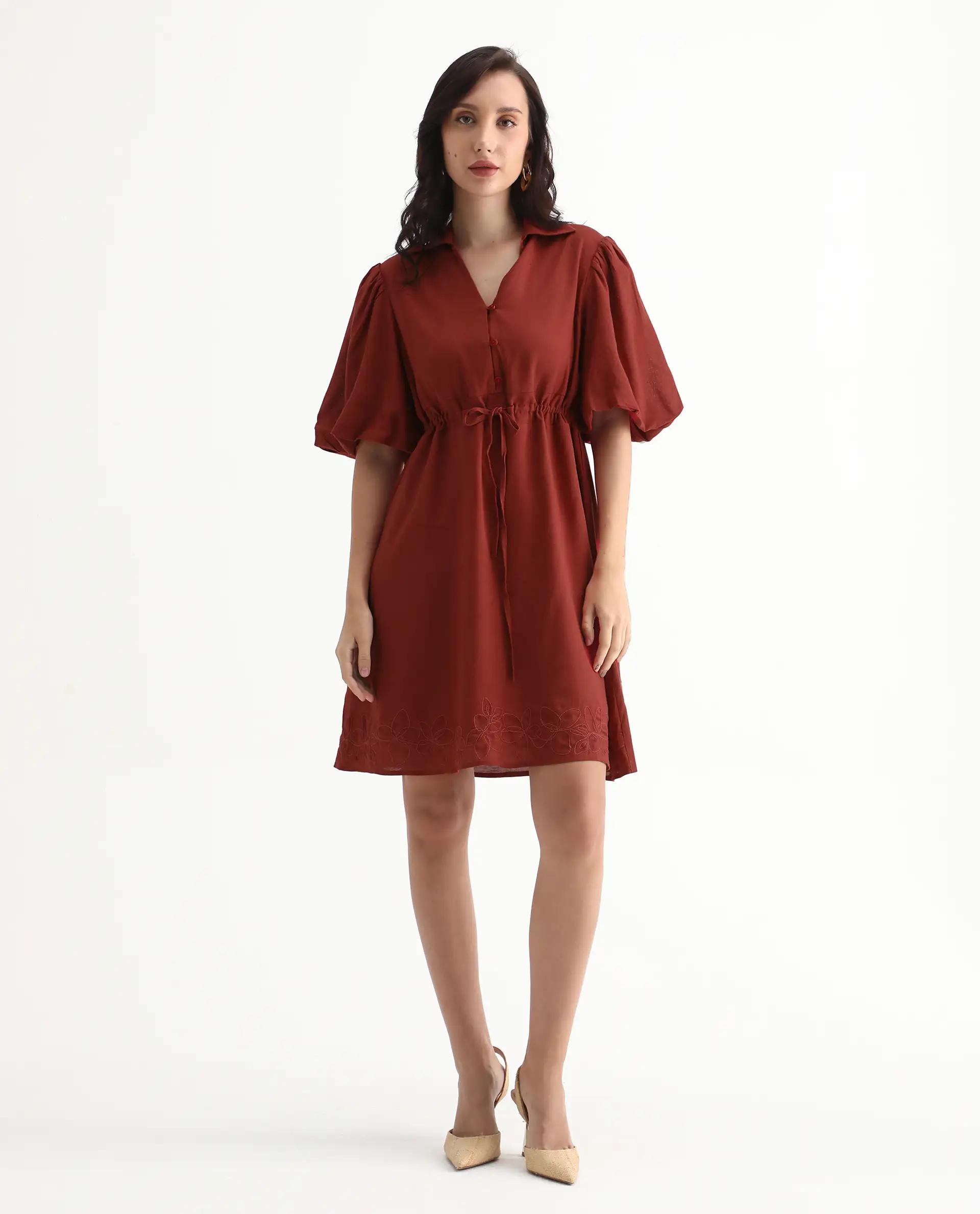 Rareism Women's Juvix Rust Viscose Blend Jonny Collar Fit And Flare Plain Dress - Image 2