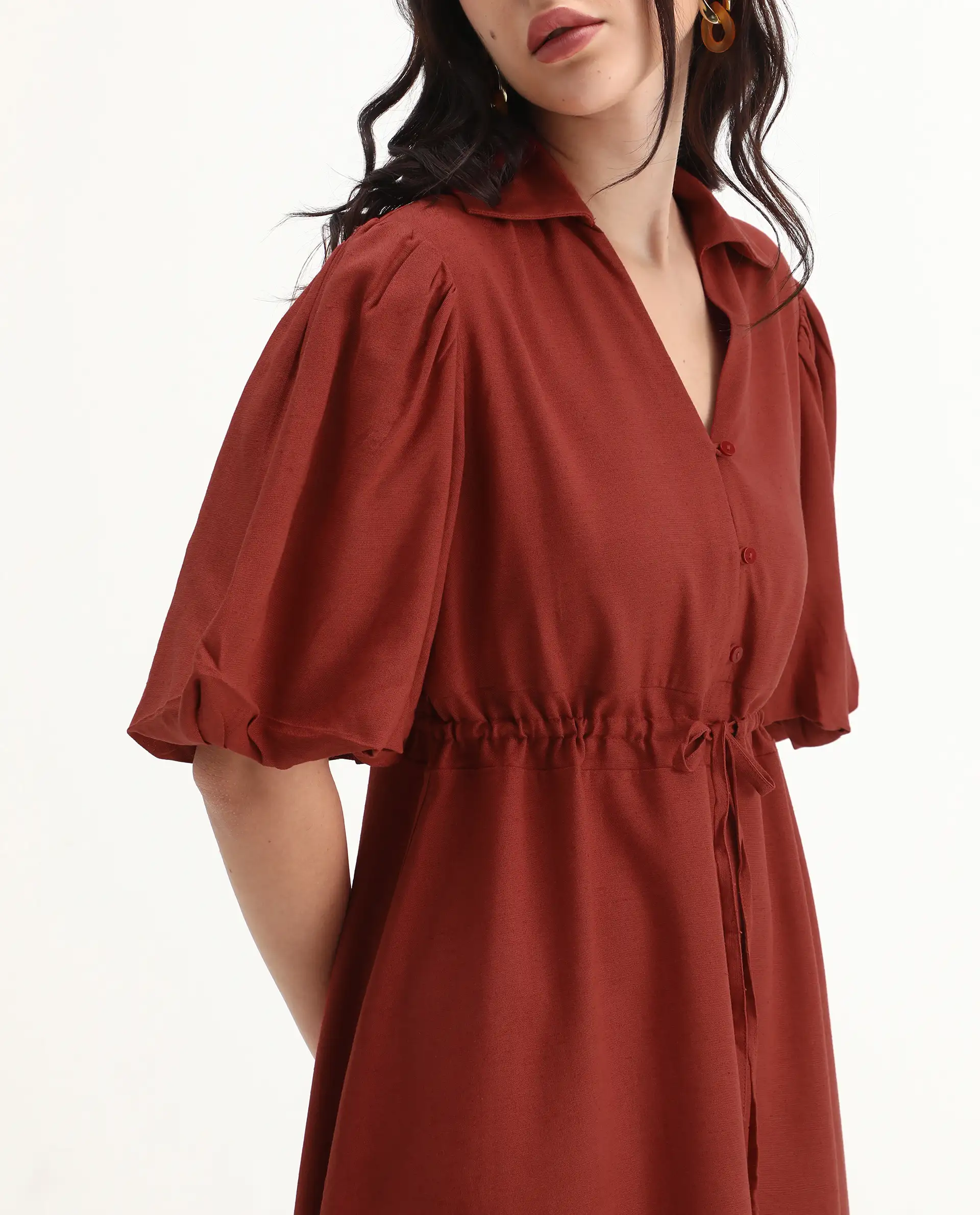 Rareism Women's Juvix Rust Viscose Blend Jonny Collar Fit And Flare Plain Dress - Image 3
