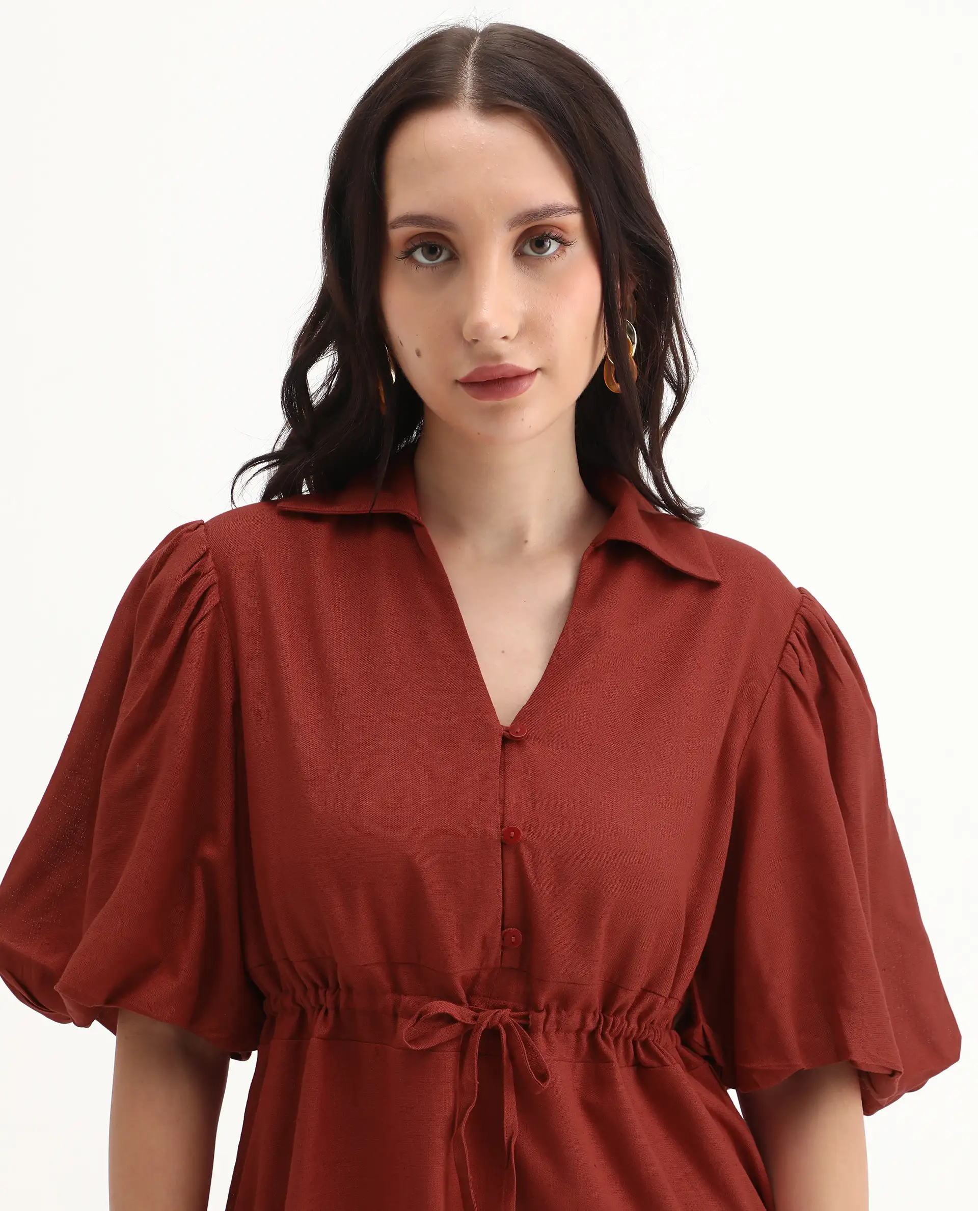 Rareism Women's Juvix Rust Viscose Blend Jonny Collar Fit And Flare Plain Dress - Image 4