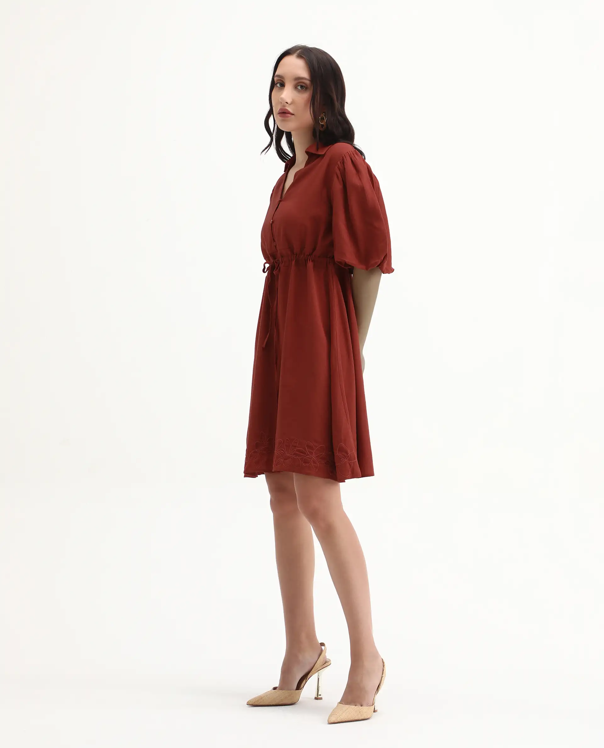 Rareism Women's Juvix Rust Viscose Blend Jonny Collar Fit And Flare Plain Dress - Image 5