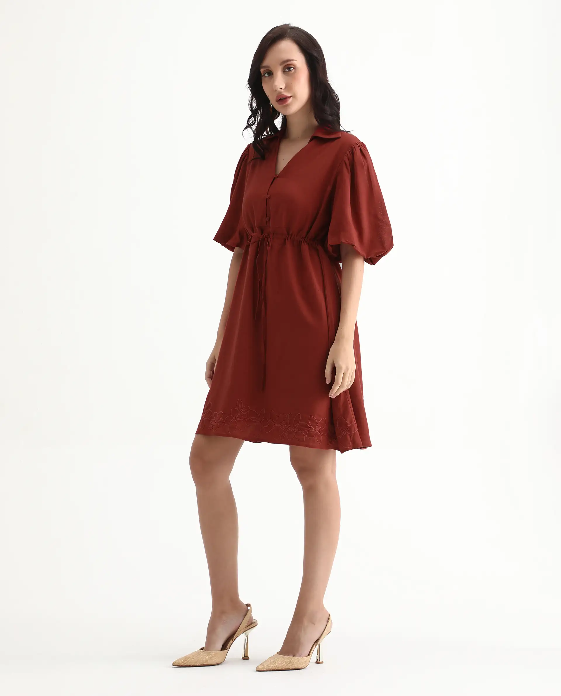Rareism Women's Juvix Rust Viscose Blend Jonny Collar Fit And Flare Plain Dress - Image 6