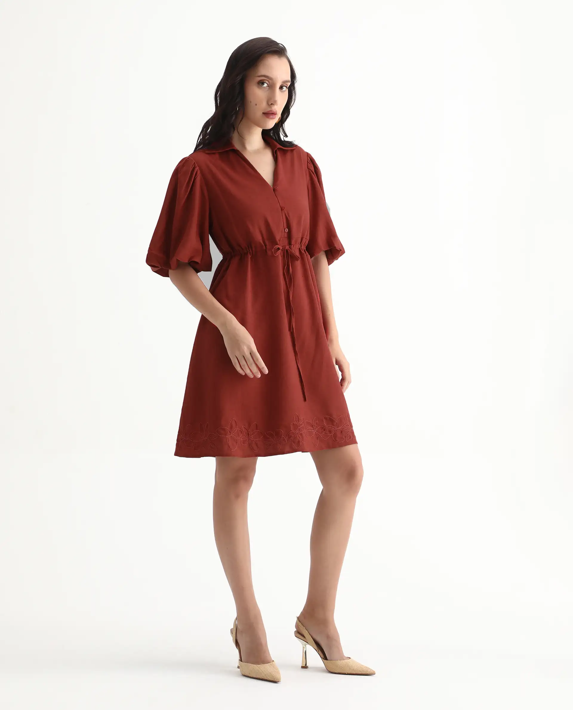 Rareism Women's Juvix Rust Viscose Blend Jonny Collar Fit And Flare Plain Dress - Image 7
