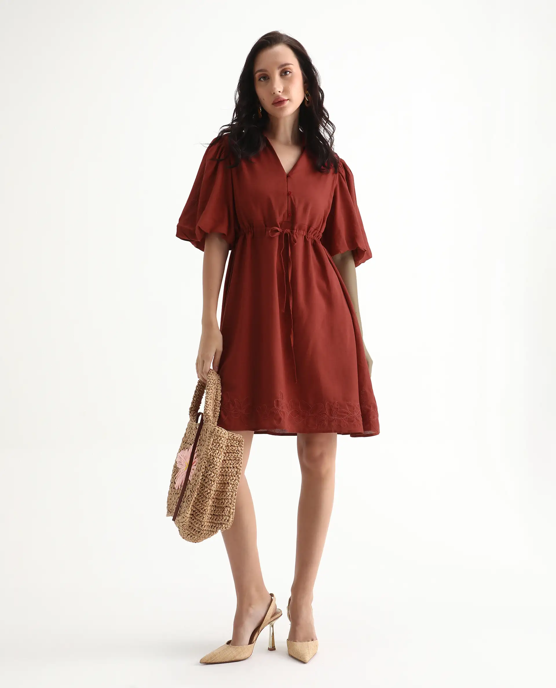 Rareism Women's Juvix Rust Viscose Blend Jonny Collar Fit And Flare Plain Dress - Image 8