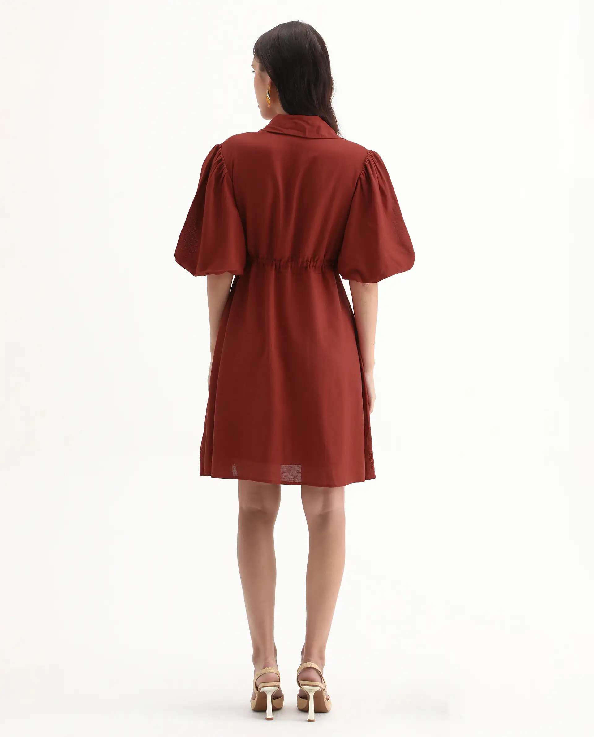 Rareism Women's Juvix Rust Viscose Blend Jonny Collar Fit And Flare Plain Dress - Image 9