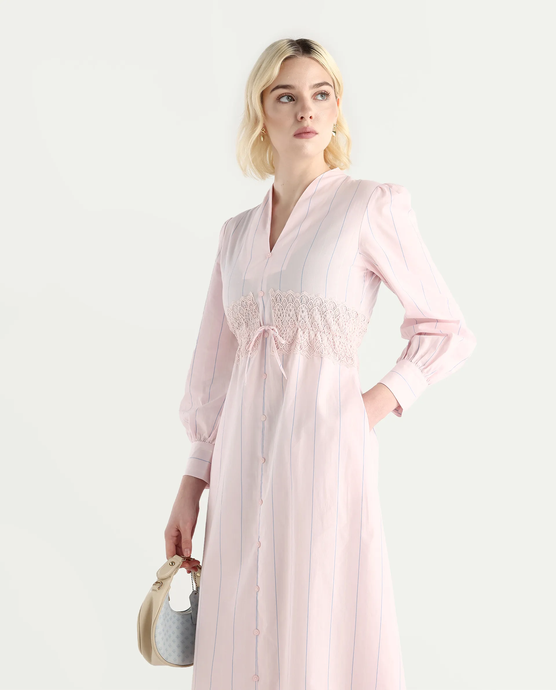 Rareism Women Juvo Pastel Pink Cotton Cuffed Sleeve Built-Up Collar A-Line Midi Striped Dress - Image 2
