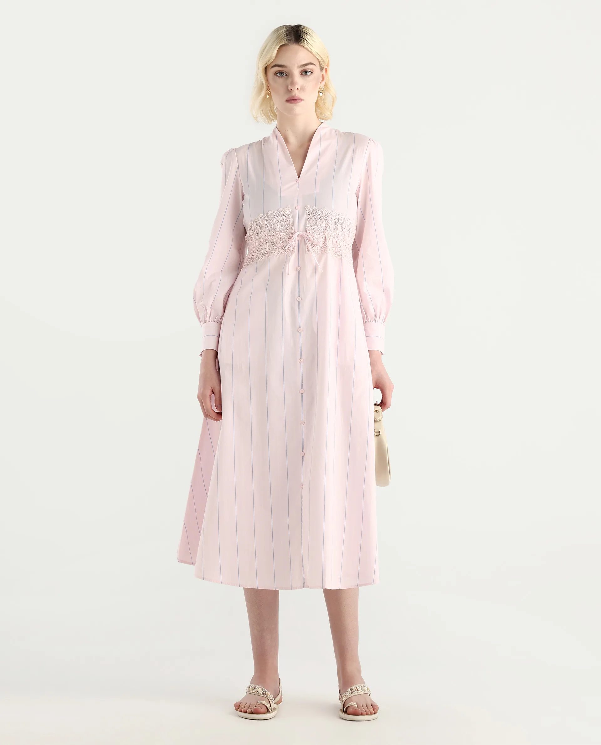 Rareism Women Juvo Pastel Pink Cotton Cuffed Sleeve Built-Up Collar A-Line Midi Striped Dress - Image 3