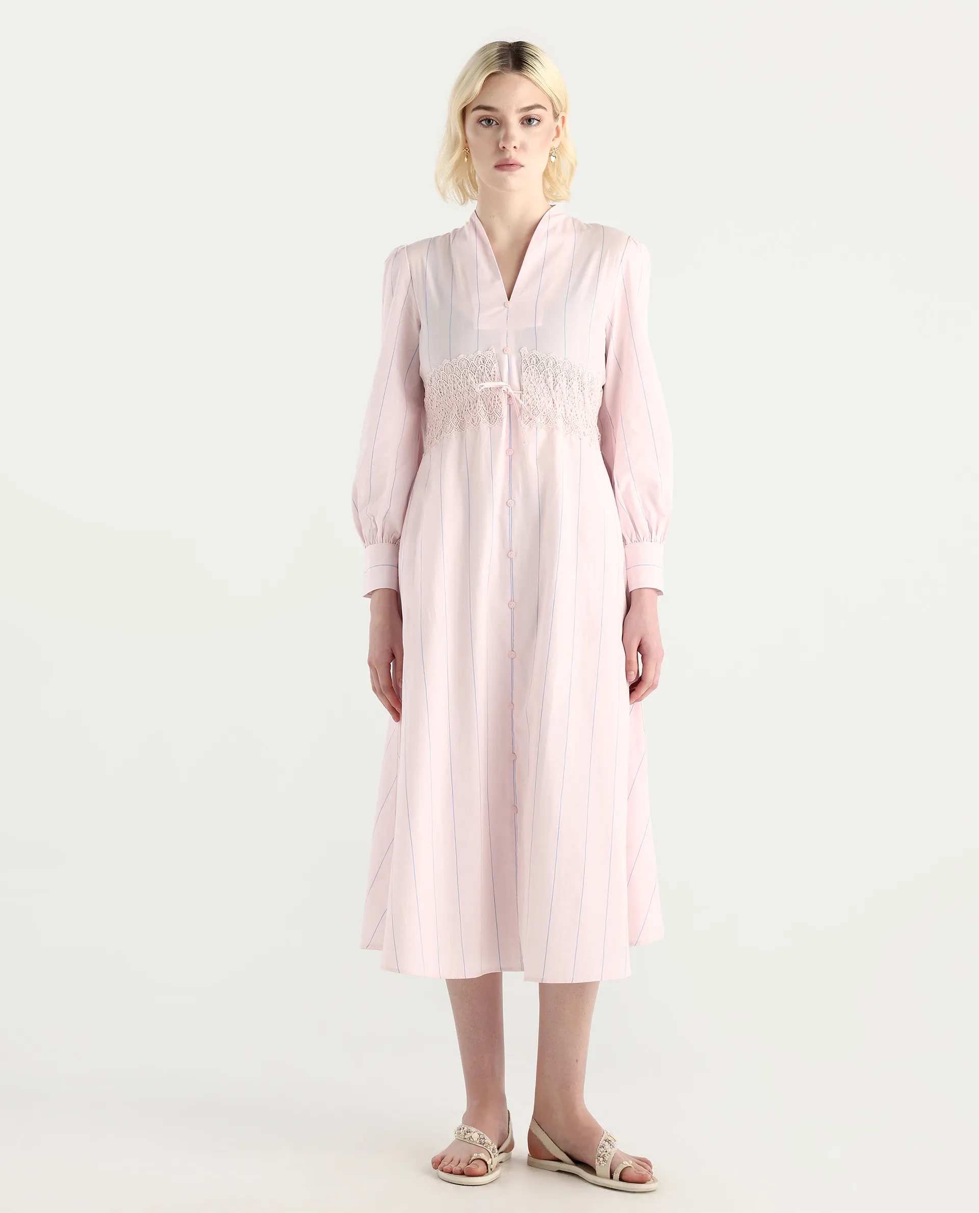 Rareism Women Juvo Pastel Pink Cotton Cuffed Sleeve Built-Up Collar A-Line Midi Striped Dress - Image 4