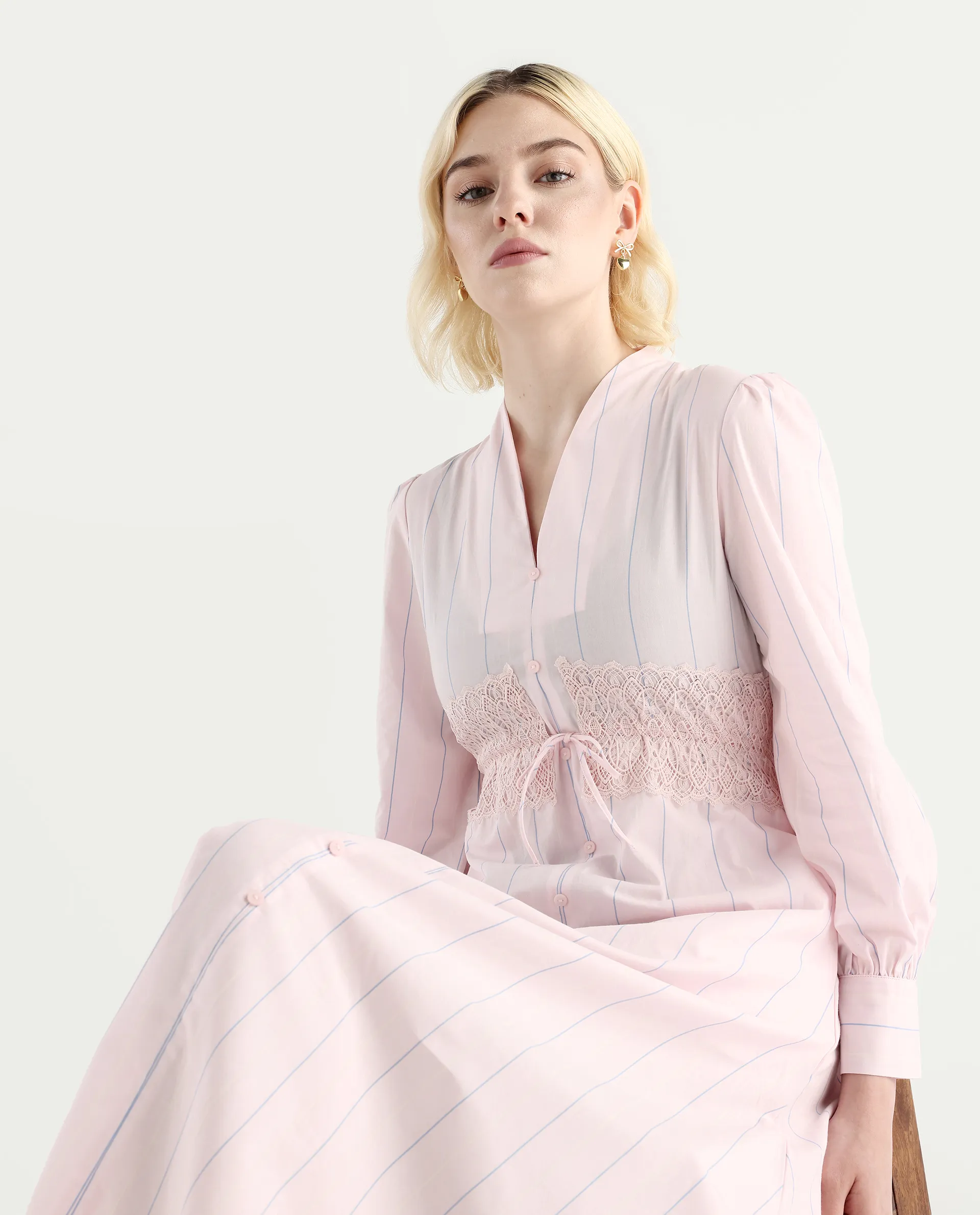 Rareism Women Juvo Pastel Pink Cotton Cuffed Sleeve Built-Up Collar A-Line Midi Striped Dress - Image 5