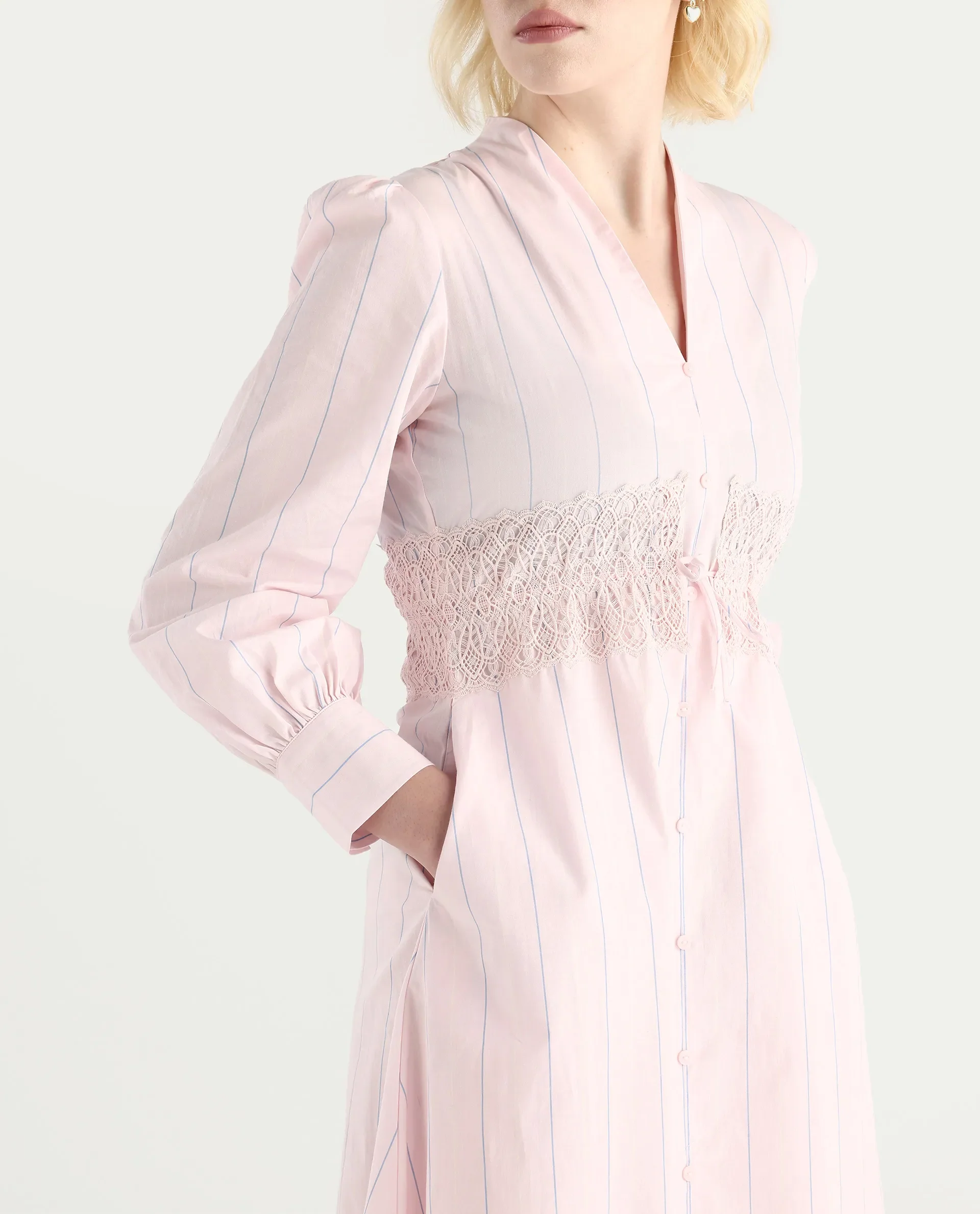 Rareism Women Juvo Pastel Pink Cotton Cuffed Sleeve Built-Up Collar A-Line Midi Striped Dress - Image 6