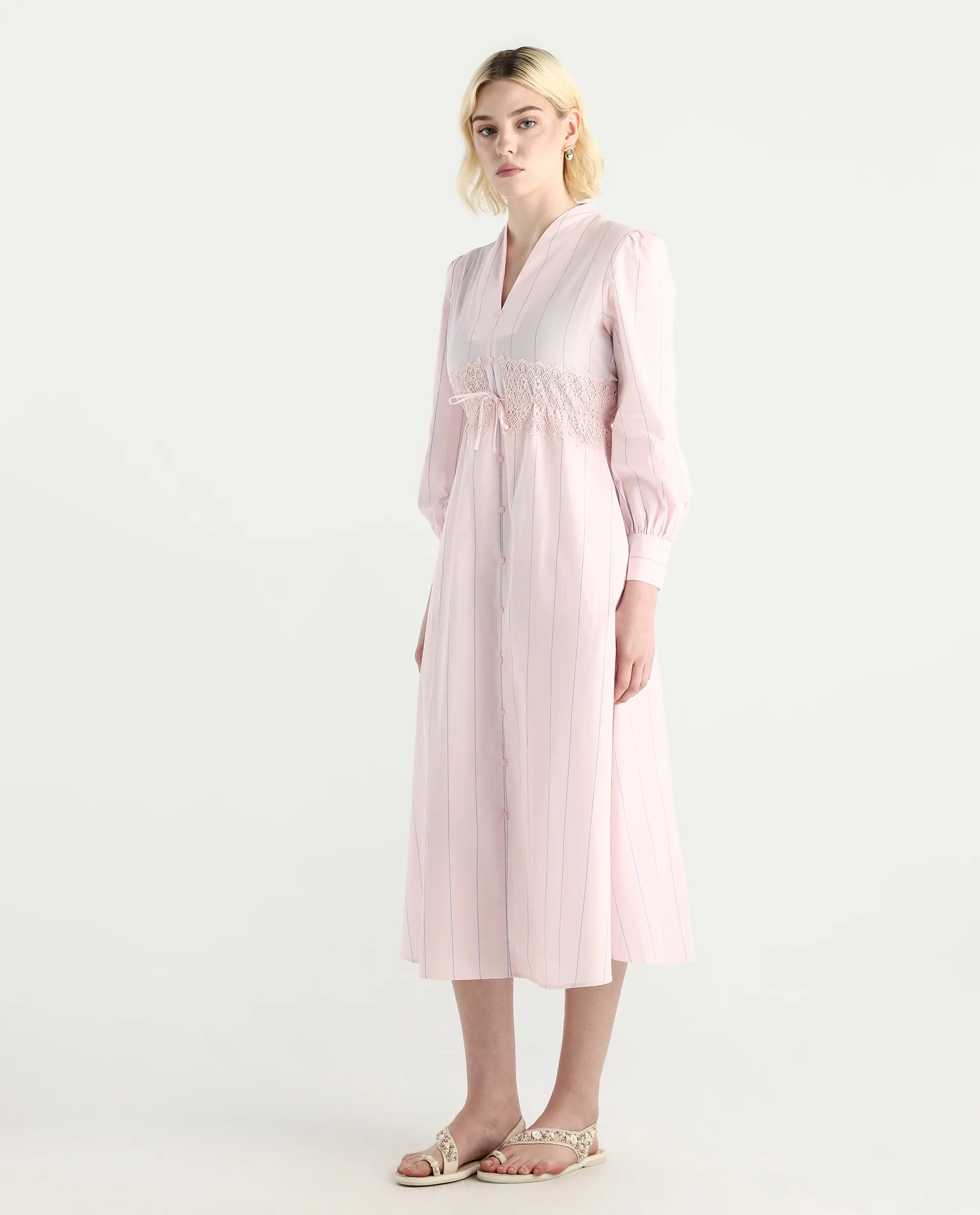 Rareism Women Juvo Pastel Pink Cotton Cuffed Sleeve Built-Up Collar A-Line Midi Striped Dress - Image 7