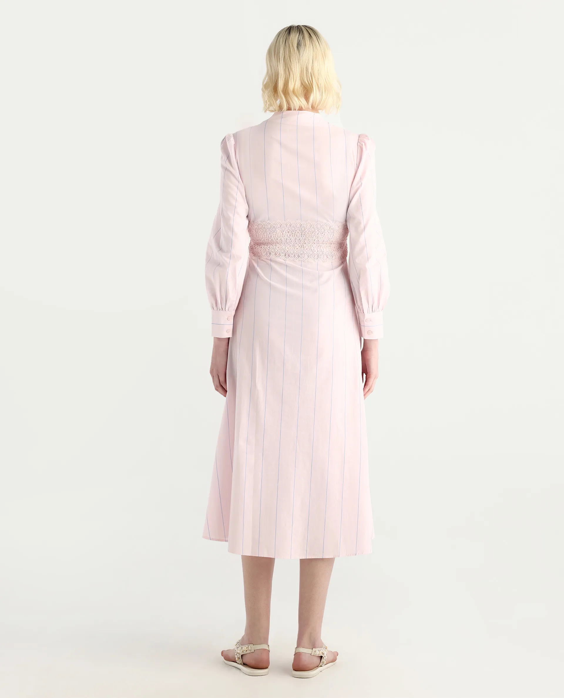 Rareism Women Juvo Pastel Pink Cotton Cuffed Sleeve Built-Up Collar A-Line Midi Striped Dress - Image 8