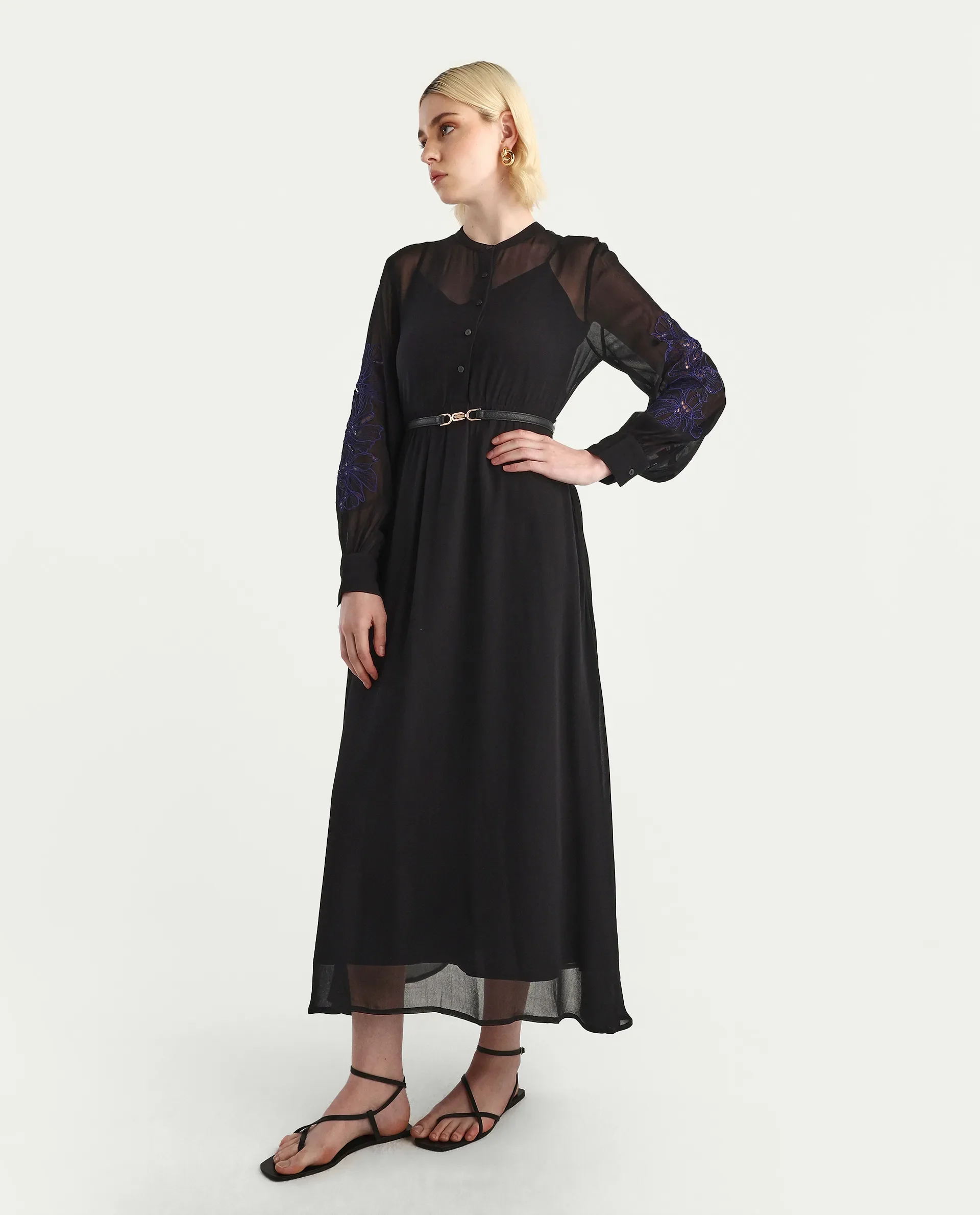 Rareism Women's Jux Black Viscose Full Sleeve Spread Collar Fit And Flare Dress