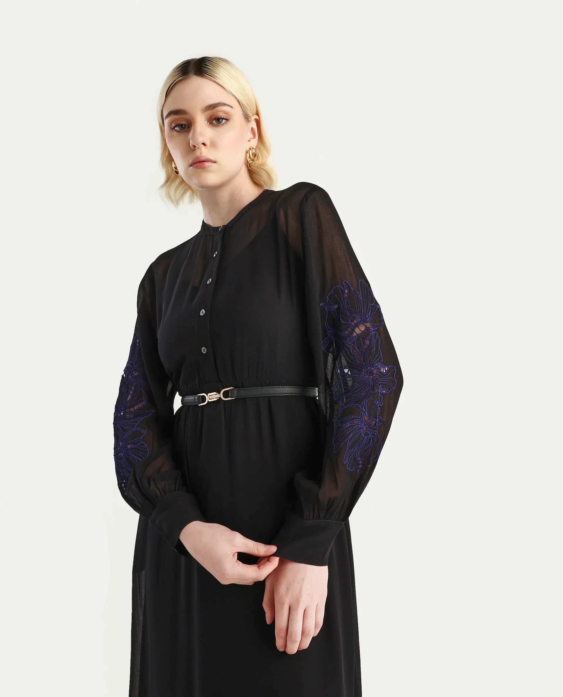 Rareism Women's Jux Black Viscose Full Sleeve Spread Collar Fit And Flare Dress - Image 2