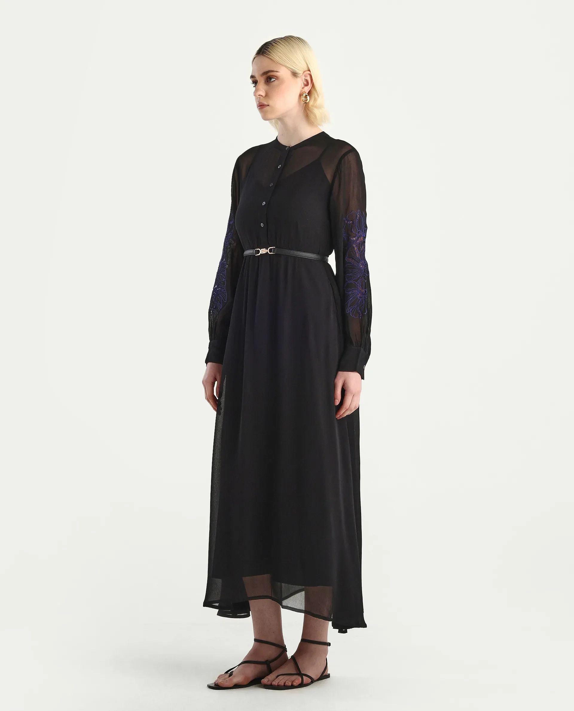 Rareism Women's Jux Black Viscose Full Sleeve Spread Collar Fit And Flare Dress - Image 6