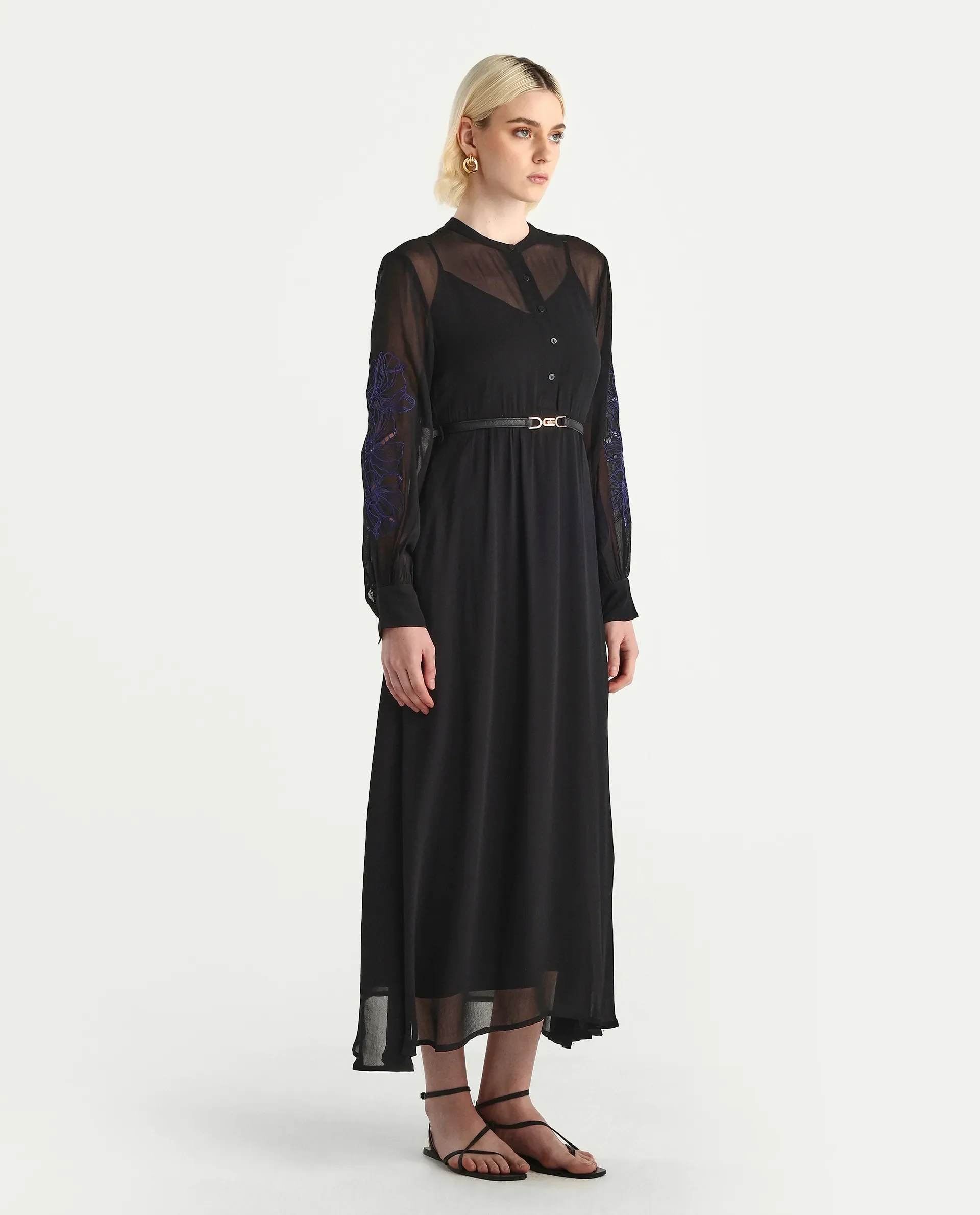 Rareism Women's Jux Black Viscose Full Sleeve Spread Collar Fit And Flare Dress - Image 7