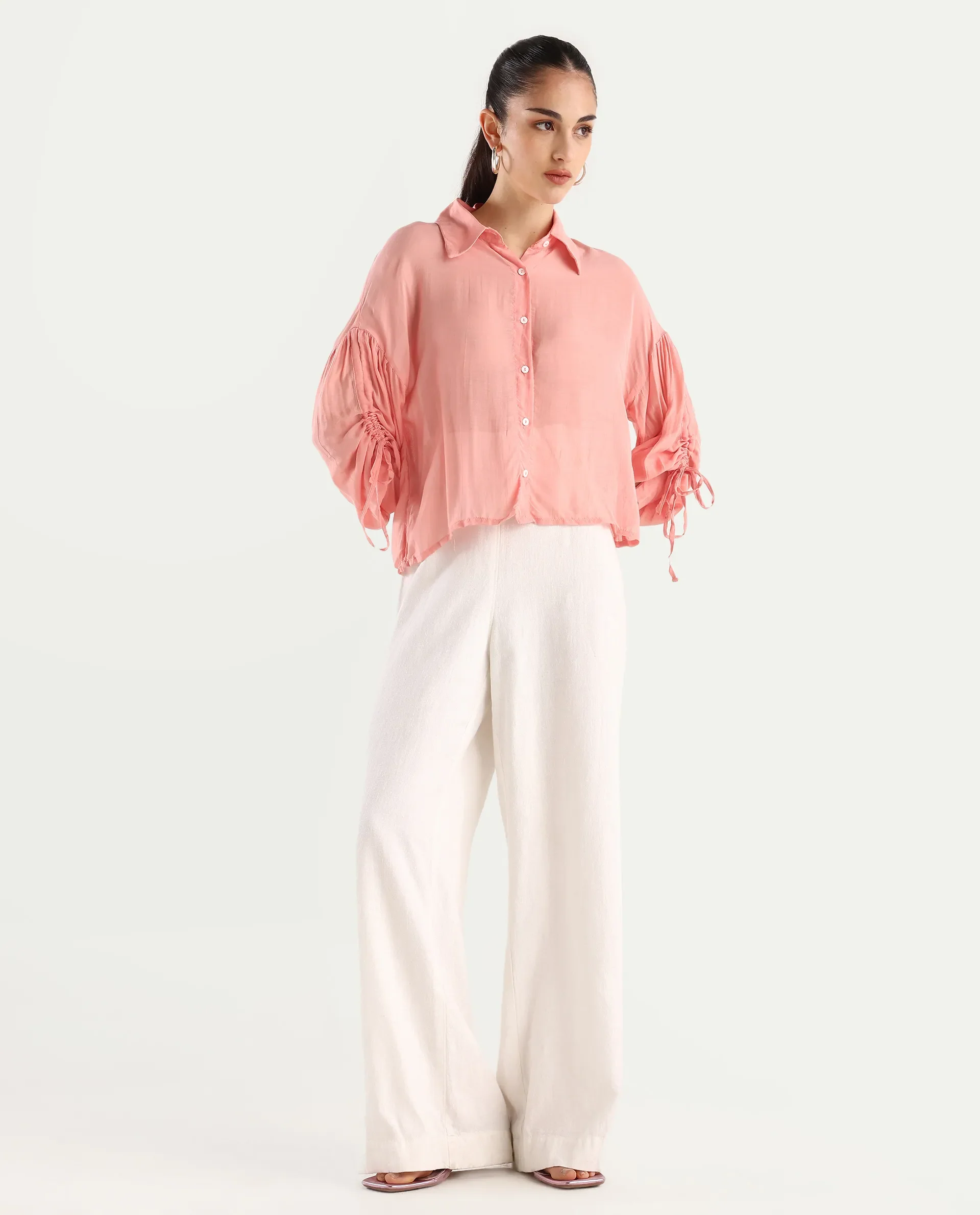 Rareism Women's Jux Pastel Pink Polyester Blend Drop Collar Plain Cuffed Sleeve Regular Fit Top - Image 2