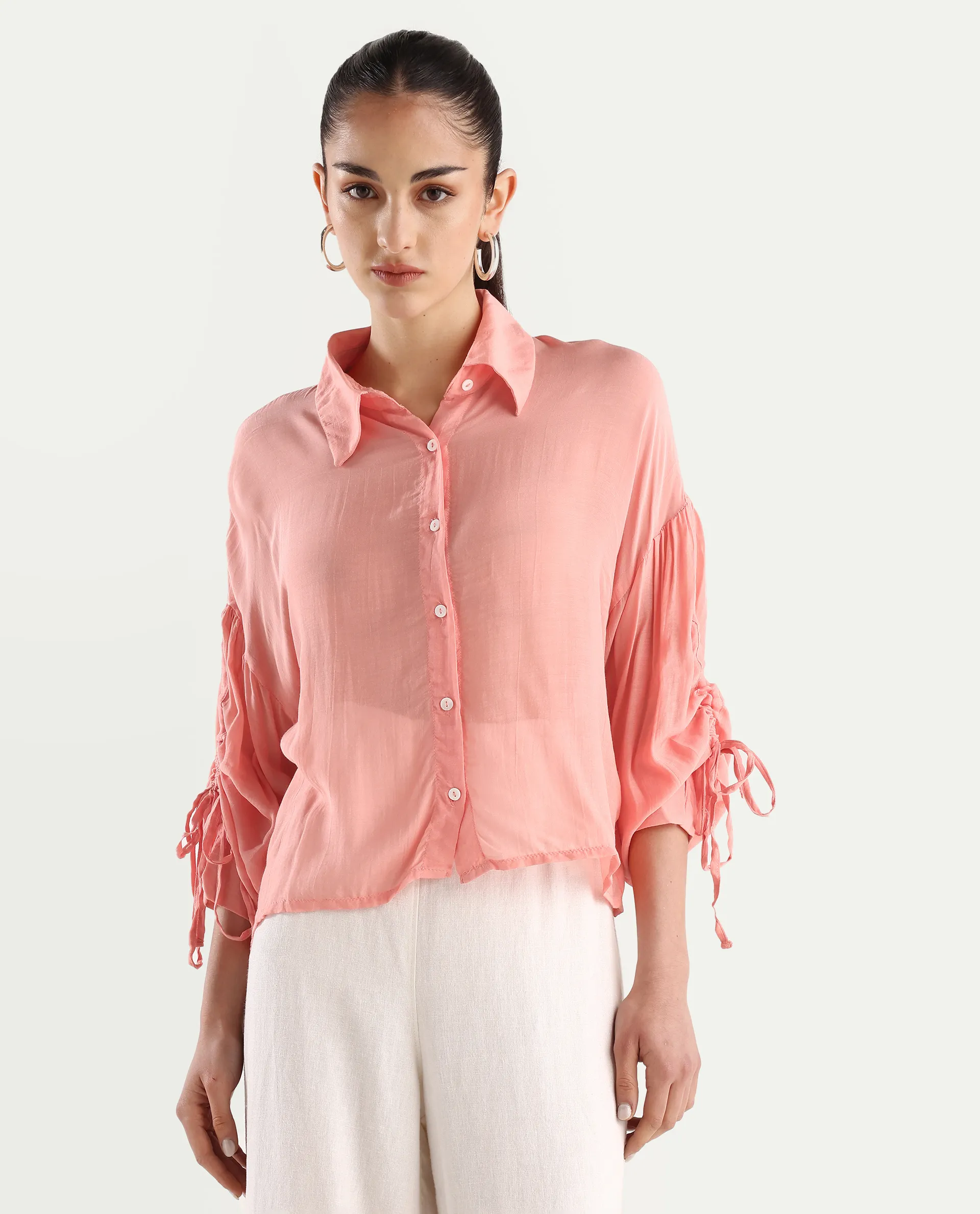 Rareism Women's Jux Pastel Pink Polyester Blend Drop Collar Plain Cuffed Sleeve Regular Fit Top - Image 3