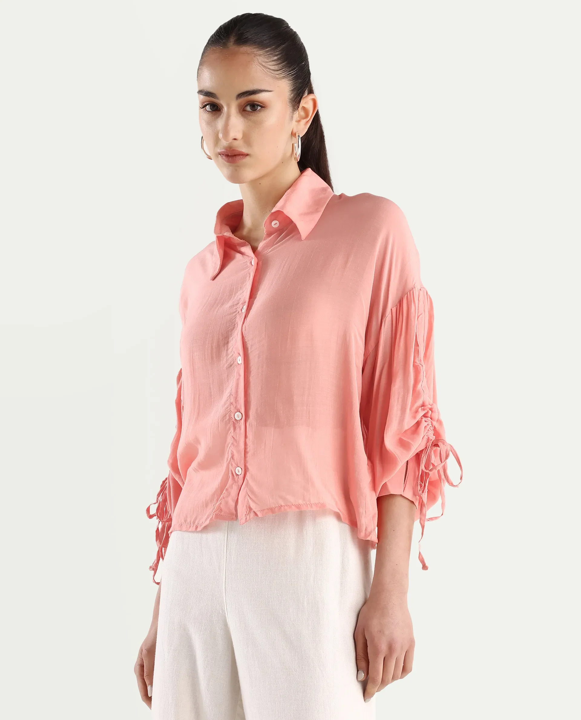 Rareism Women's Jux Pastel Pink Polyester Blend Drop Collar Plain Cuffed Sleeve Regular Fit Top - Image 5