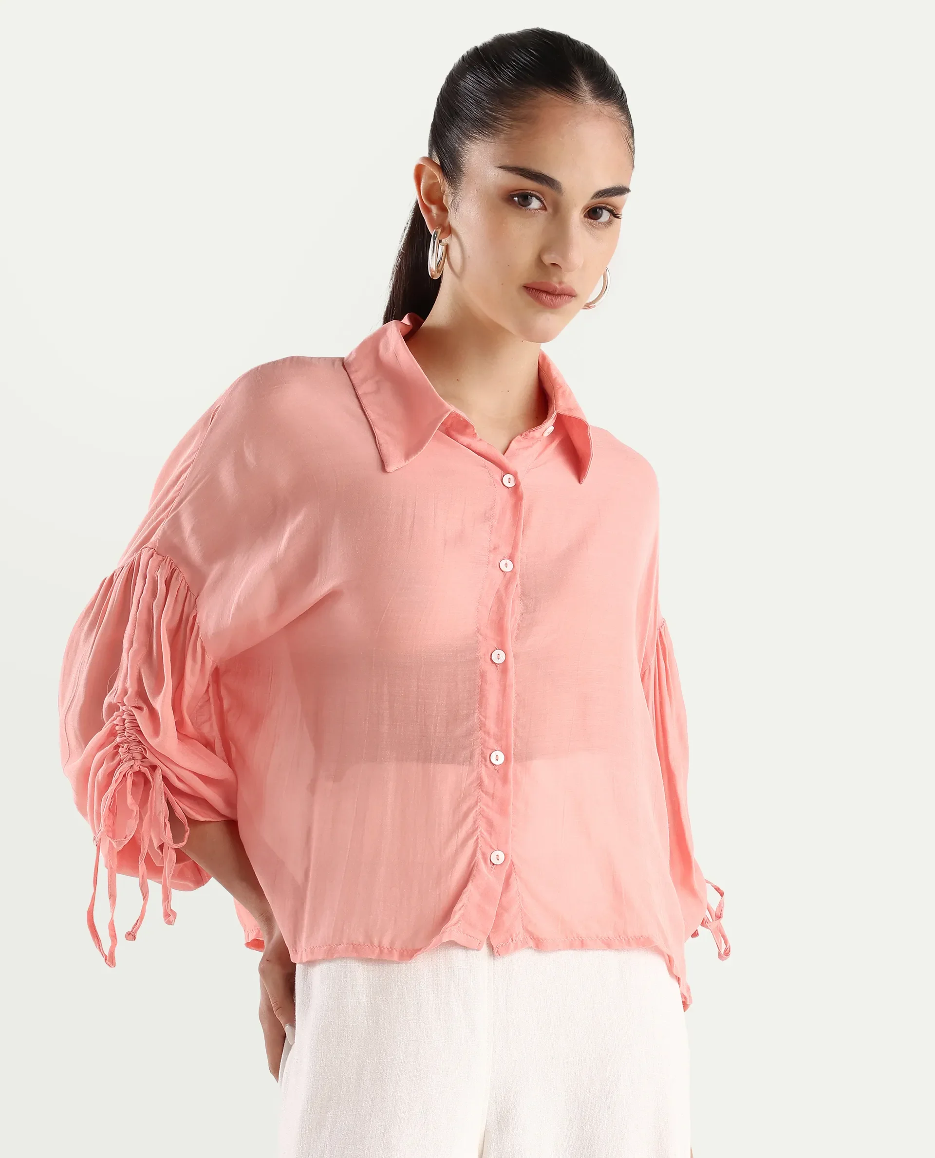 Rareism Women's Jux Pastel Pink Polyester Blend Drop Collar Plain Cuffed Sleeve Regular Fit Top - Image 6