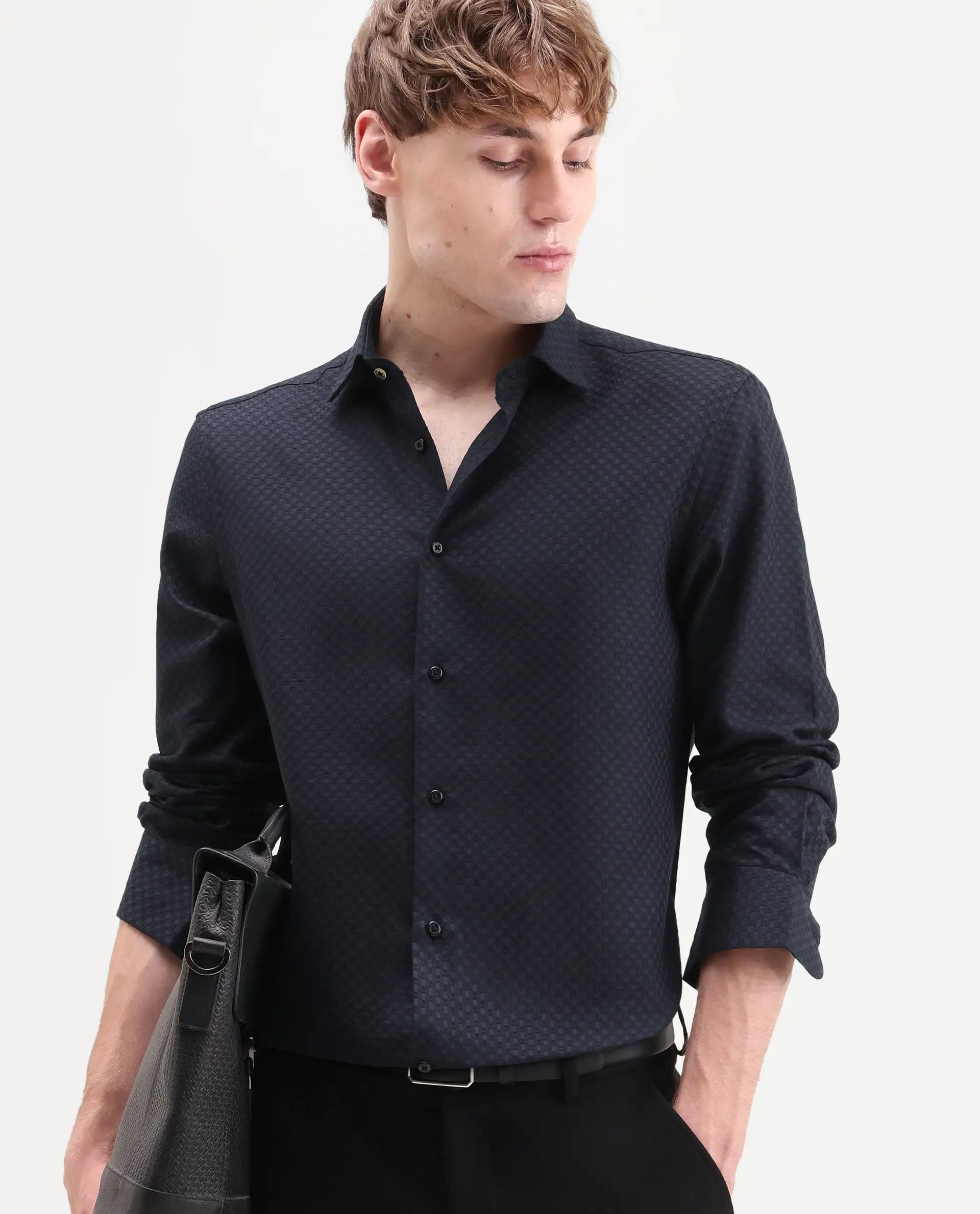 Rare Rabbit Men's Juxe-26-Ls Dark Navy Cotton Fabric Full Sleeve Spread Collar Button Regular Textured Shirt