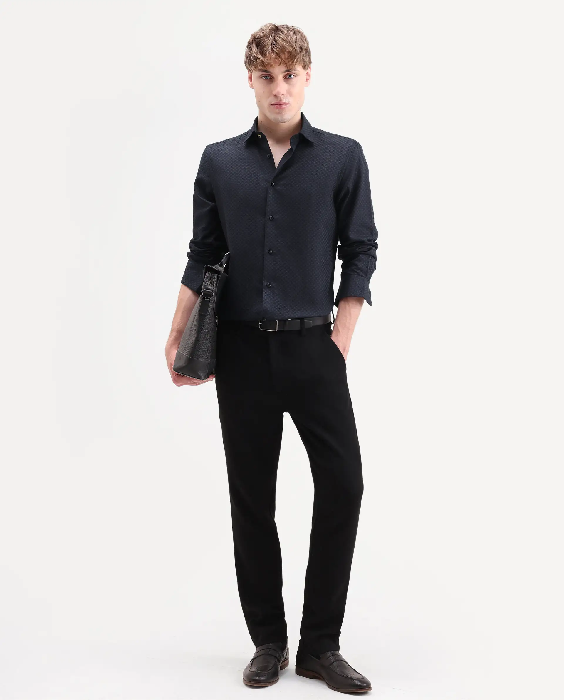 Rare Rabbit Men's Juxe-26-Ls Dark Navy Cotton Fabric Full Sleeve Spread Collar Button Regular Textured Shirt - Image 2