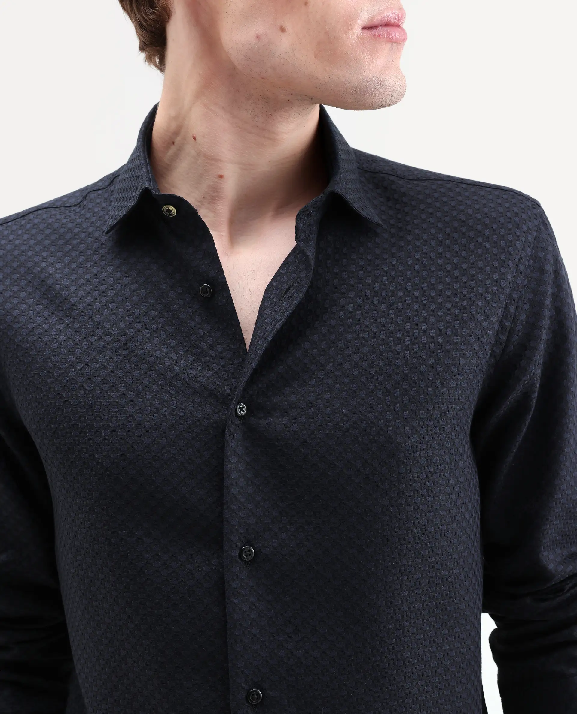 Rare Rabbit Men's Juxe-26-Ls Dark Navy Cotton Fabric Full Sleeve Spread Collar Button Regular Textured Shirt - Image 3
