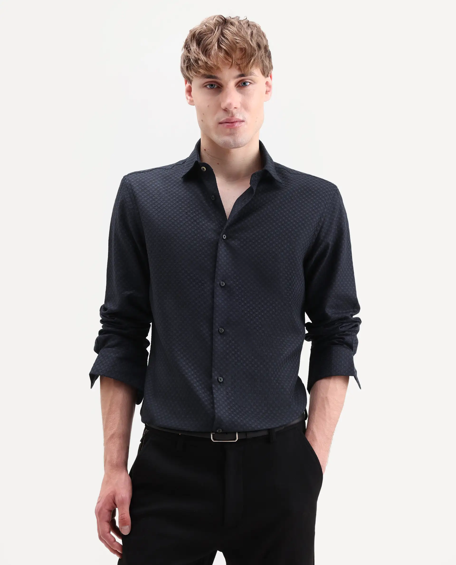 Rare Rabbit Men's Juxe-26-Ls Dark Navy Cotton Fabric Full Sleeve Spread Collar Button Regular Textured Shirt - Image 4