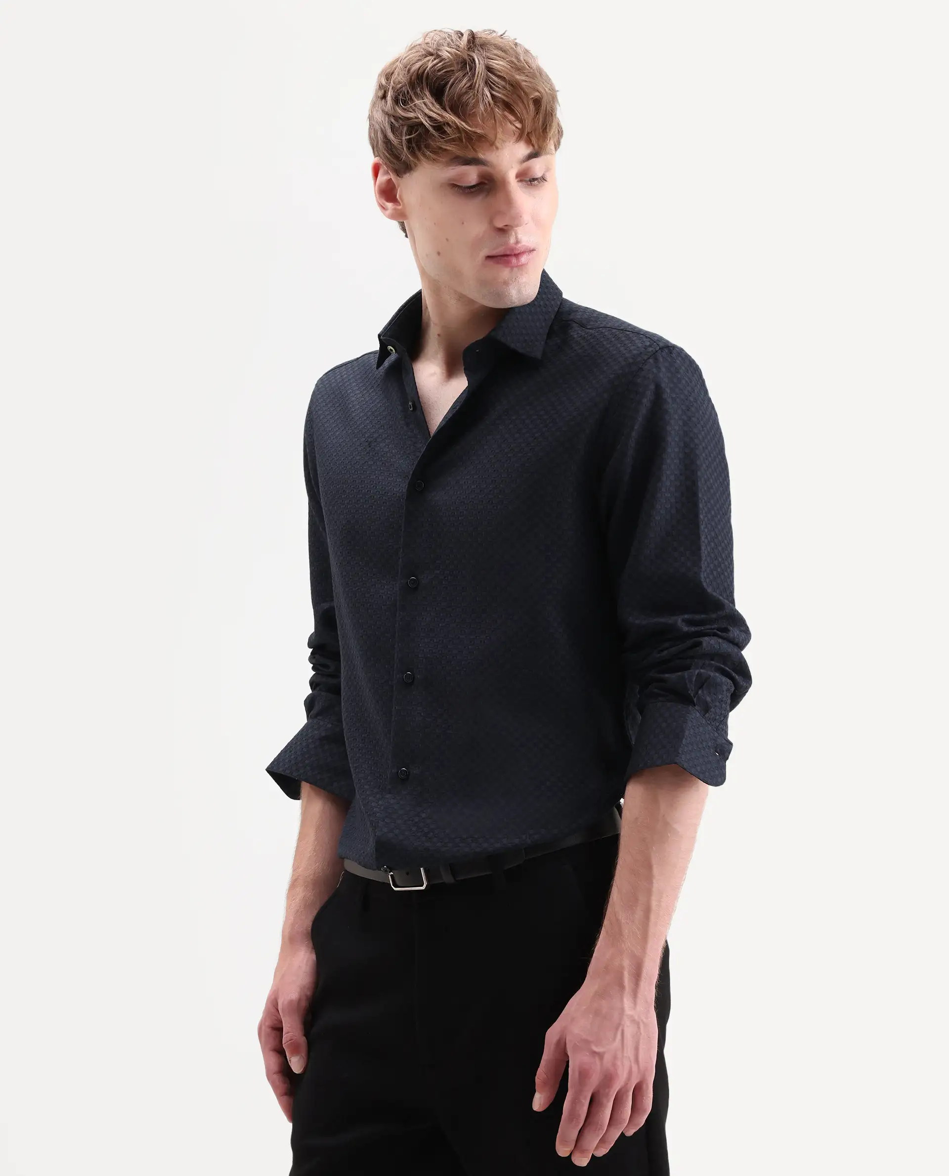 Rare Rabbit Men's Juxe-26-Ls Dark Navy Cotton Fabric Full Sleeve Spread Collar Button Regular Textured Shirt - Image 5