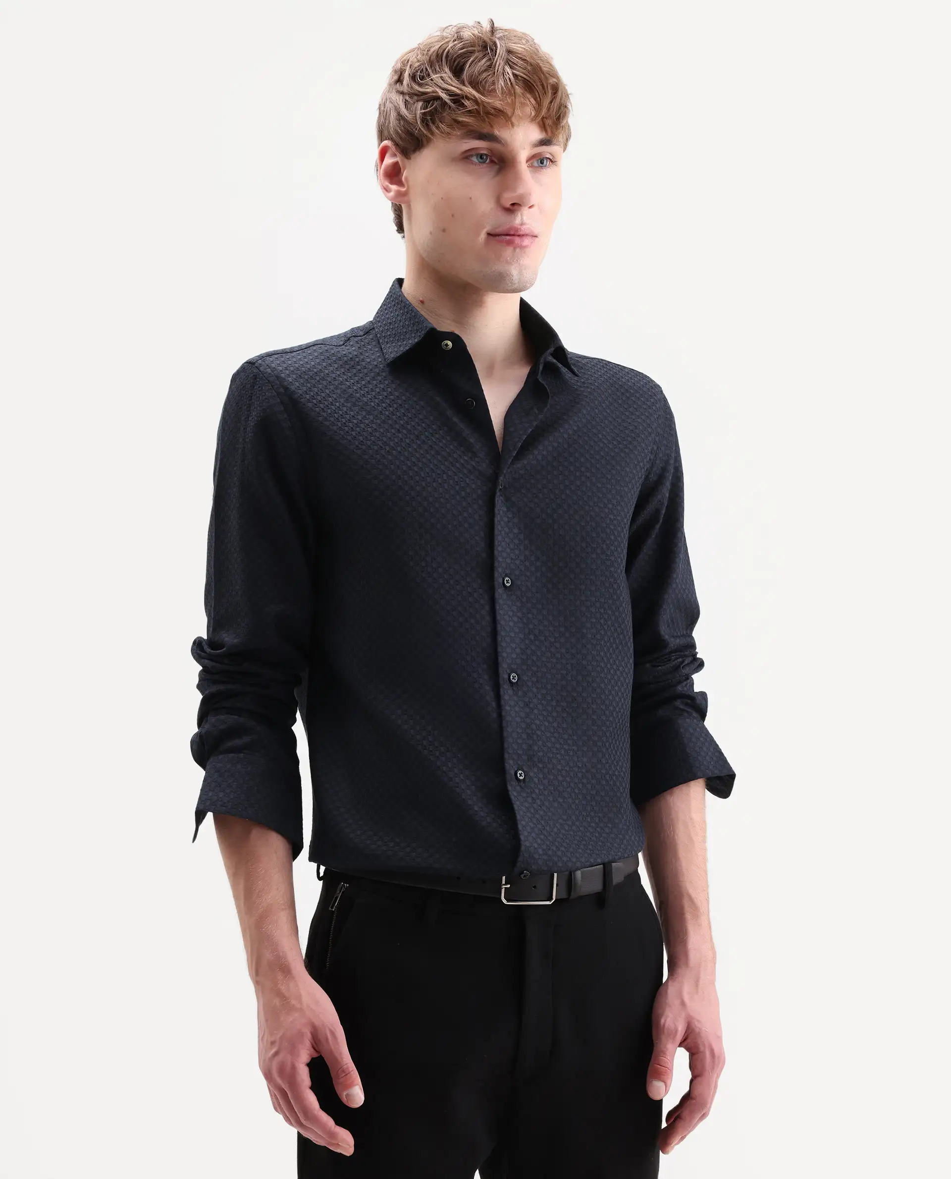 Rare Rabbit Men's Juxe-26-Ls Dark Navy Cotton Fabric Full Sleeve Spread Collar Button Regular Textured Shirt - Image 6
