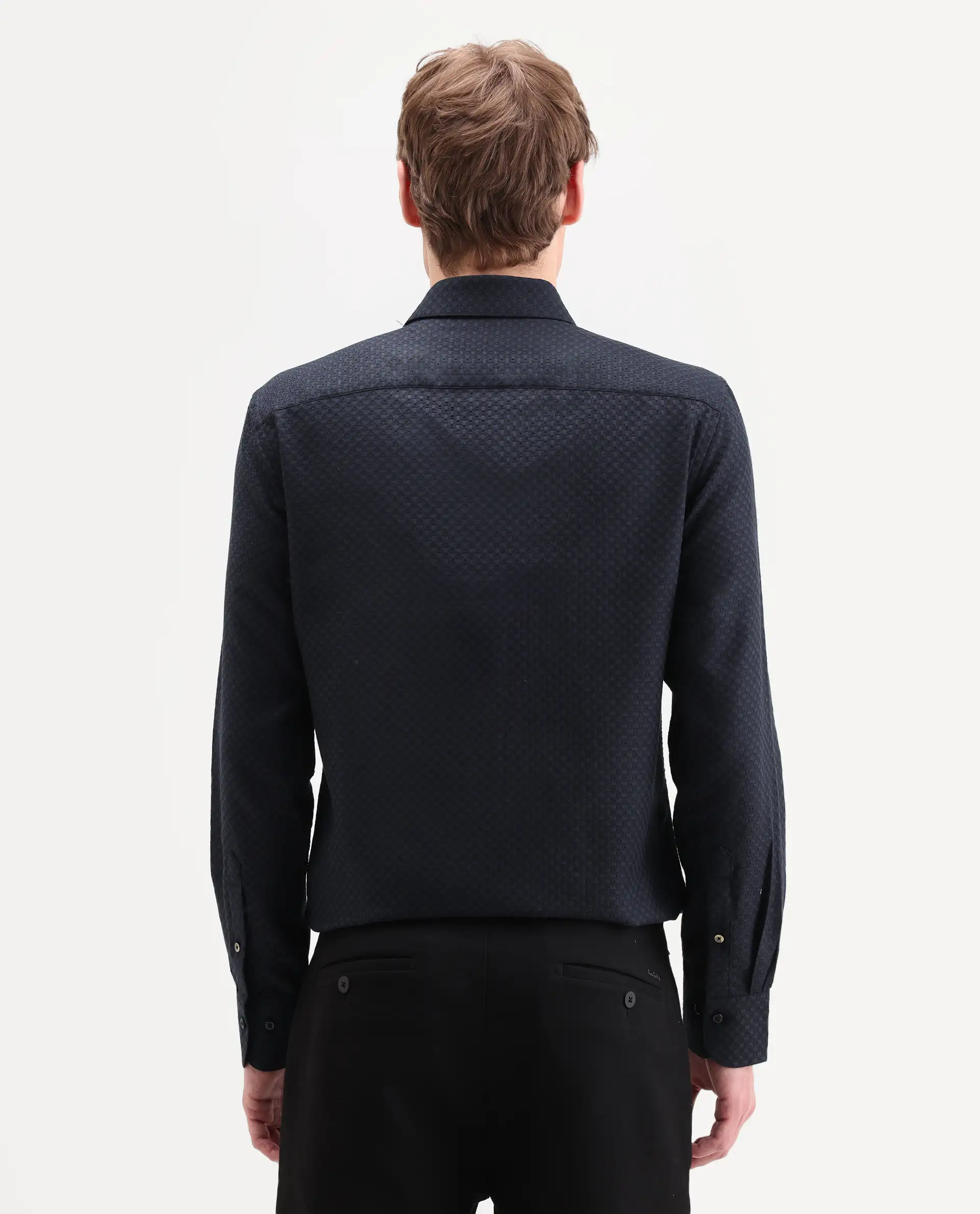 Rare Rabbit Men's Juxe-26-Ls Dark Navy Cotton Fabric Full Sleeve Spread Collar Button Regular Textured Shirt - Image 7