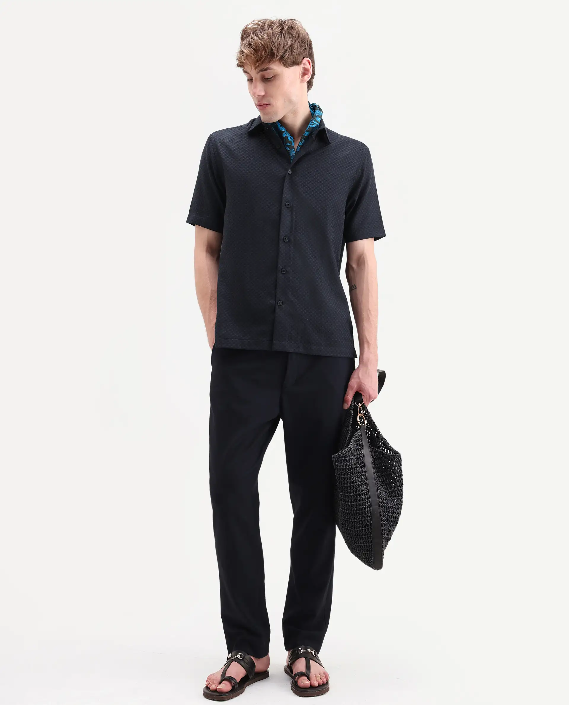 Rare Rabbit Men's Juxe-26-Ss Dark Navy Cotton Fabric Half Sleeve Spread Collar Button Regular Textured Shirt - Image 2