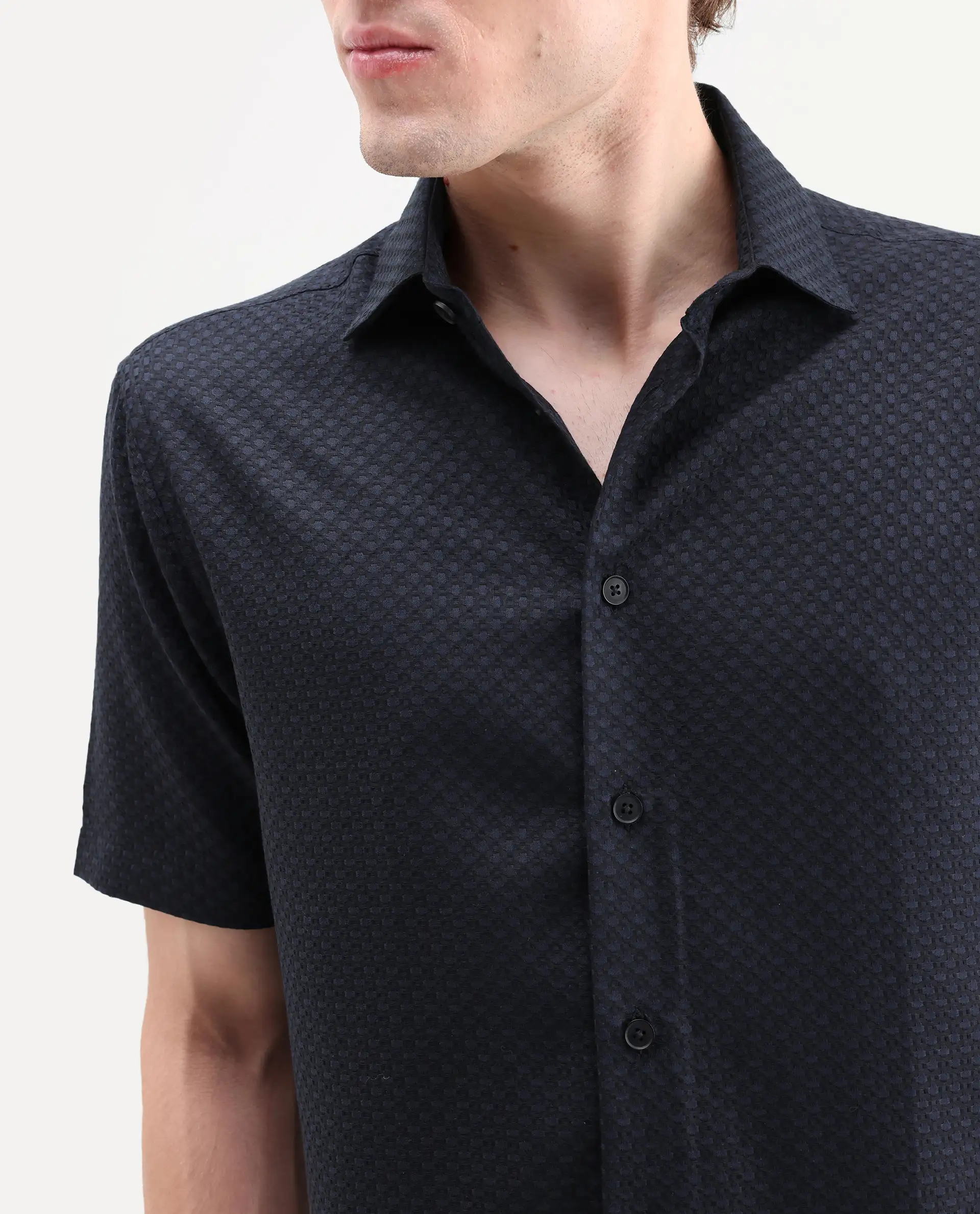 Rare Rabbit Men's Juxe-26-Ss Dark Navy Cotton Fabric Half Sleeve Spread Collar Button Regular Textured Shirt - Image 3