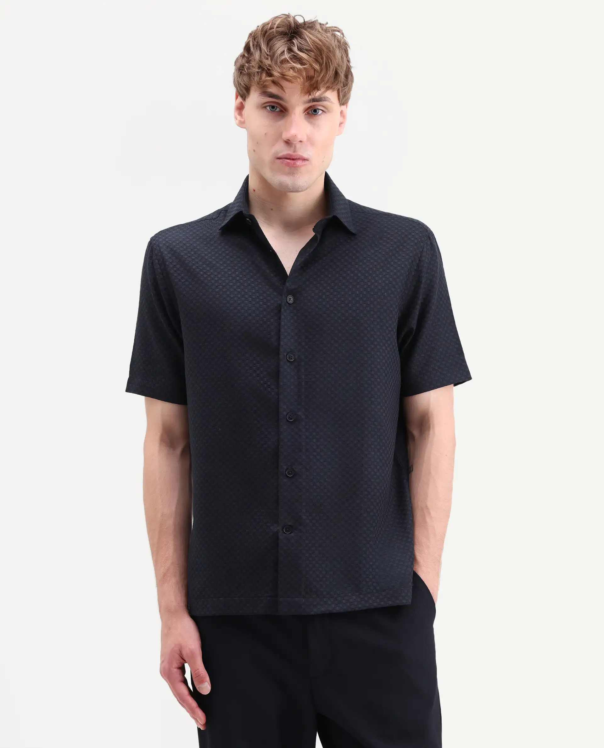 Rare Rabbit Men's Juxe-26-Ss Dark Navy Cotton Fabric Half Sleeve Spread Collar Button Regular Textured Shirt - Image 4