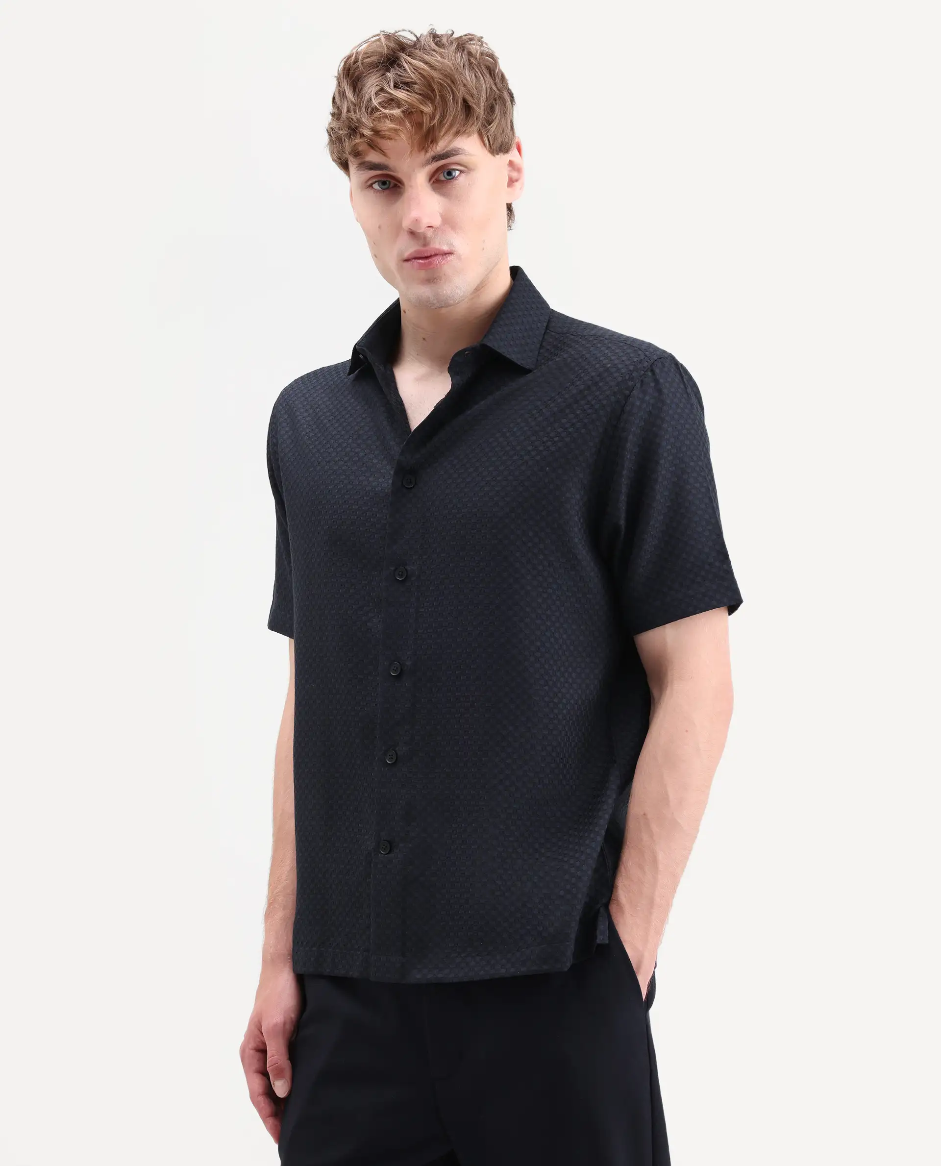 Rare Rabbit Men's Juxe-26-Ss Dark Navy Cotton Fabric Half Sleeve Spread Collar Button Regular Textured Shirt - Image 5