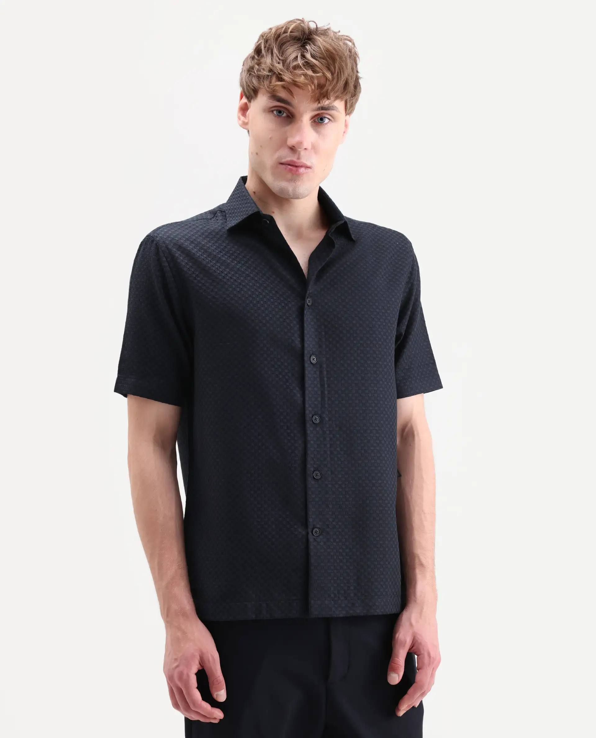 Rare Rabbit Men's Juxe-26-Ss Dark Navy Cotton Fabric Half Sleeve Spread Collar Button Regular Textured Shirt - Image 6