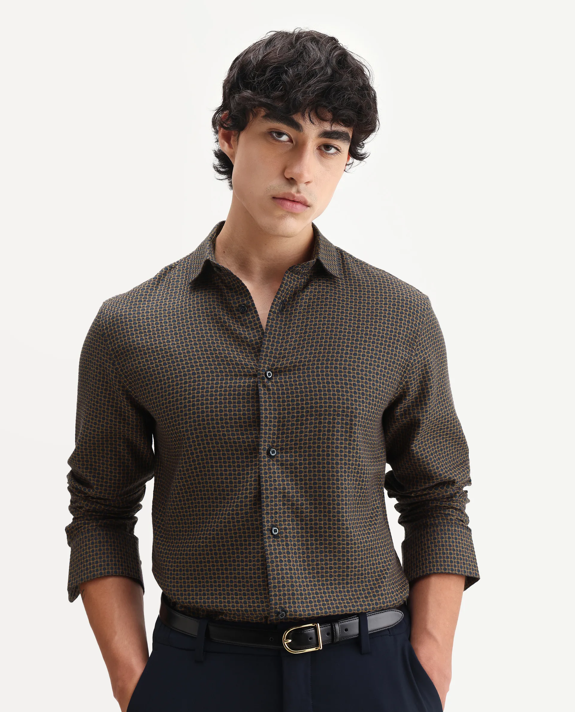 Rare Rabbit Men's Juxe Brown Cotton Fabric Spread Collar Regular Fit Geometric Print Shirt