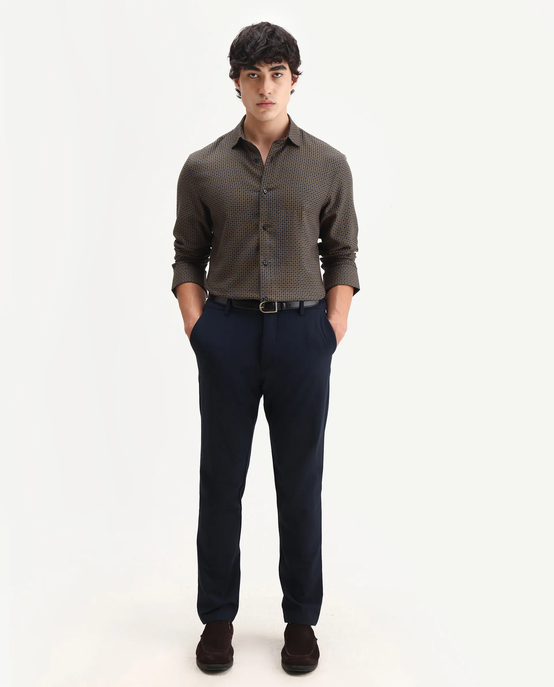 Rare Rabbit Men's Juxe Brown Cotton Fabric Spread Collar Regular Fit Geometric Print Shirt - Image 2